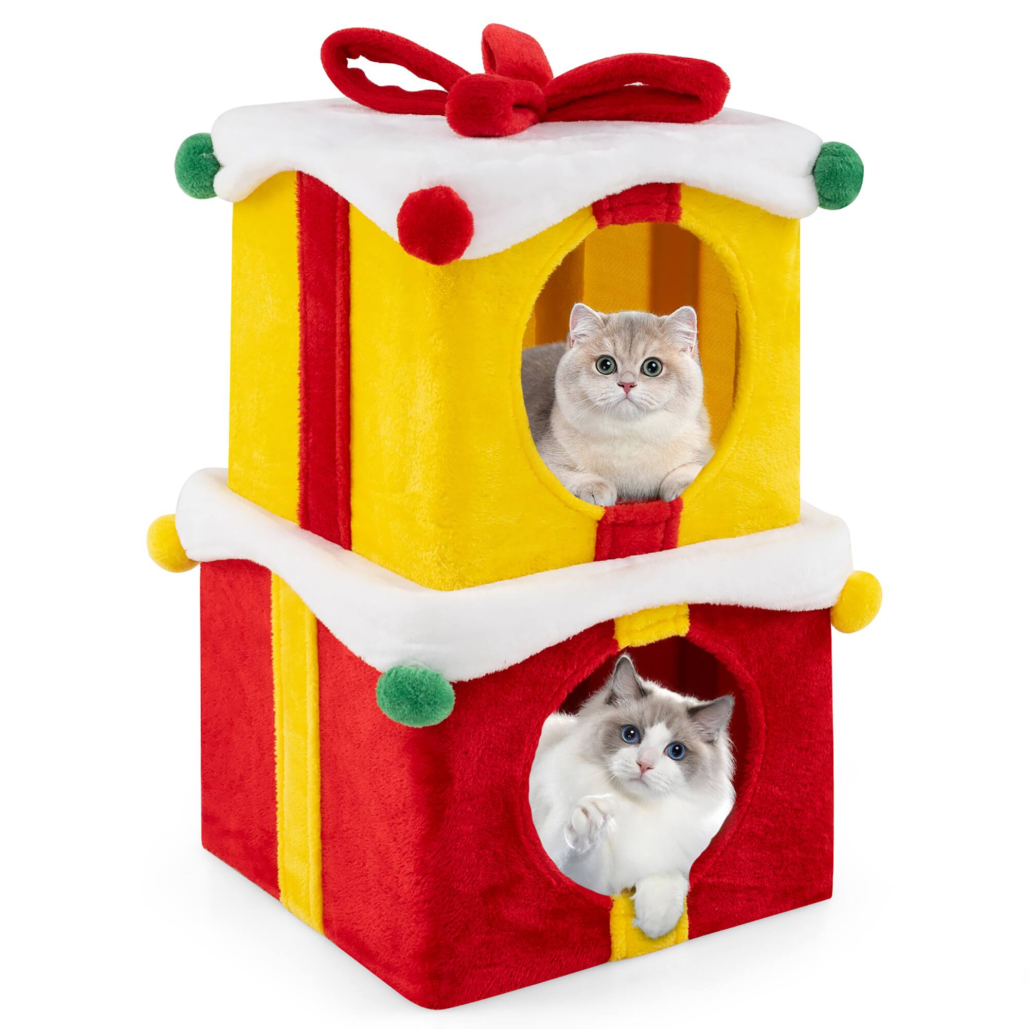 Front. Gymax - Gymax 2-Storey Cute Christmas Cat House w/ Bow 2 Condos Indoor Cat Furniture Modern - GYM15507.