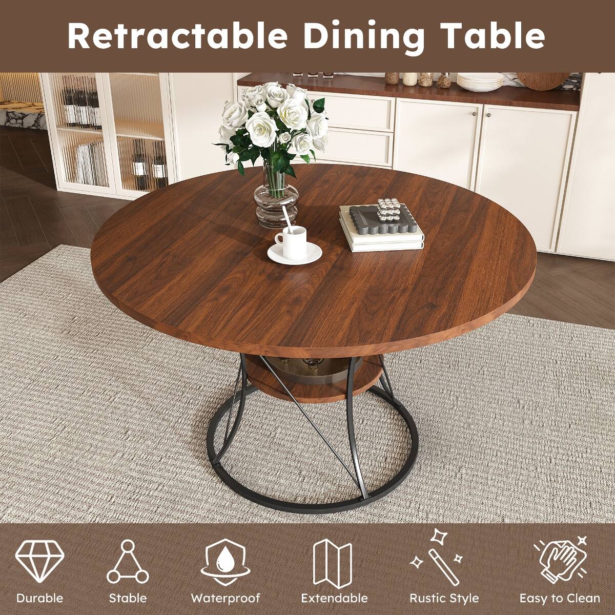 Retractable Dining Table

- Durable
- Stable
- Waterproof
- Extendable
- Rustic Style
- Easy to Clean