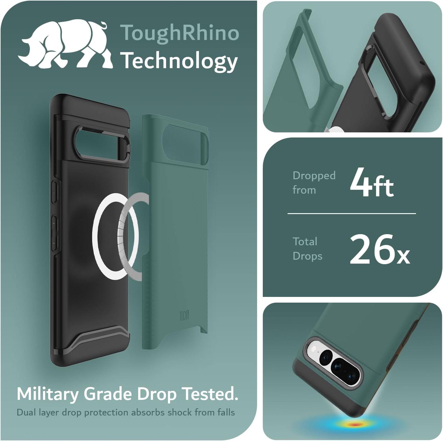 ToughRhino Technology

Military Grade Drop Tested.
Dual layer drop protection absorbs shock from falls.

Dropped from 4ft
Total Drops 26x
