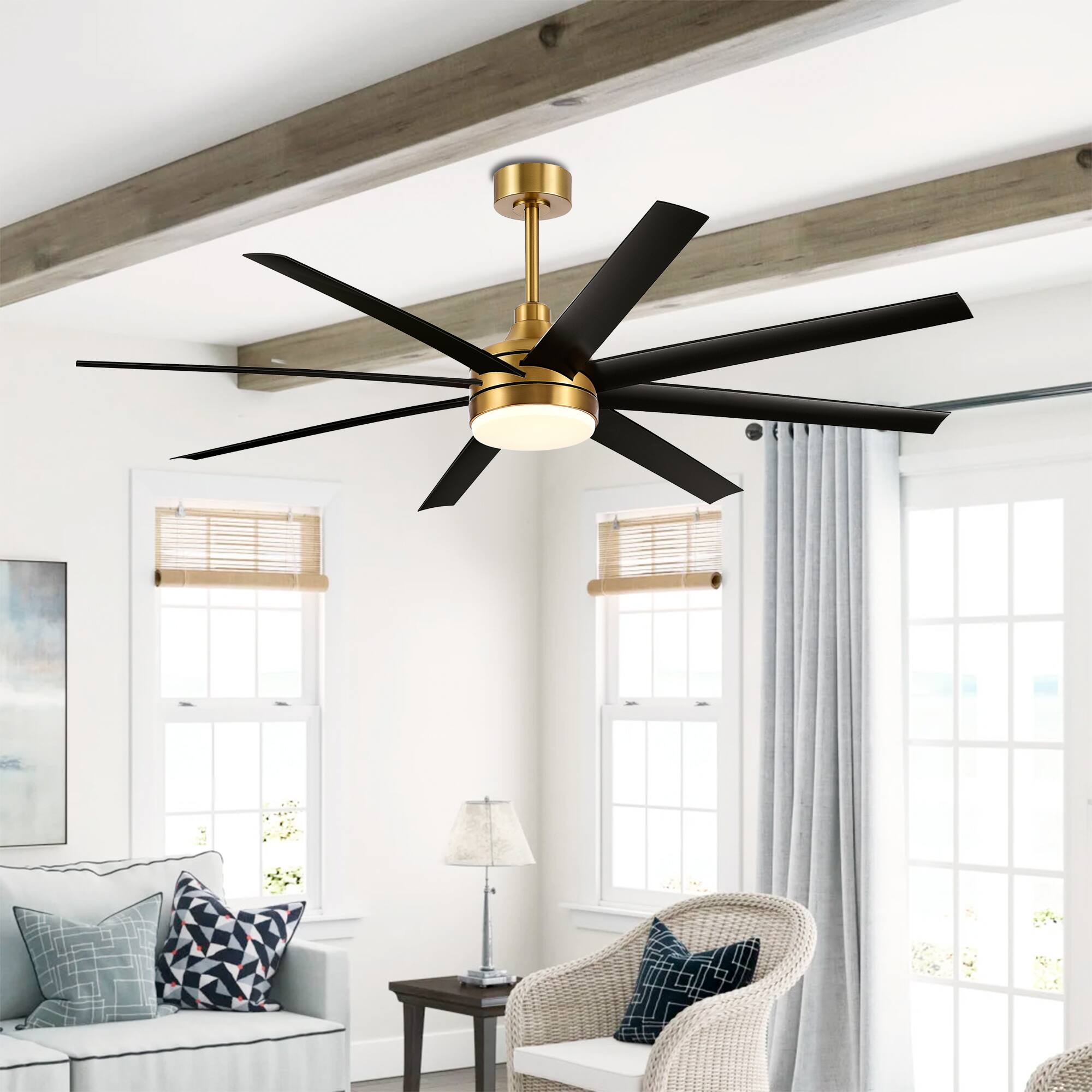 Alt View 1. Breezary - 65-Inch Ceiling Fan with 8 ABS Blades, 6-Speed DC Motor, Remote Control with Timer, 2 Downrods, Light/No-Light Options - Gold and Black (With Light).