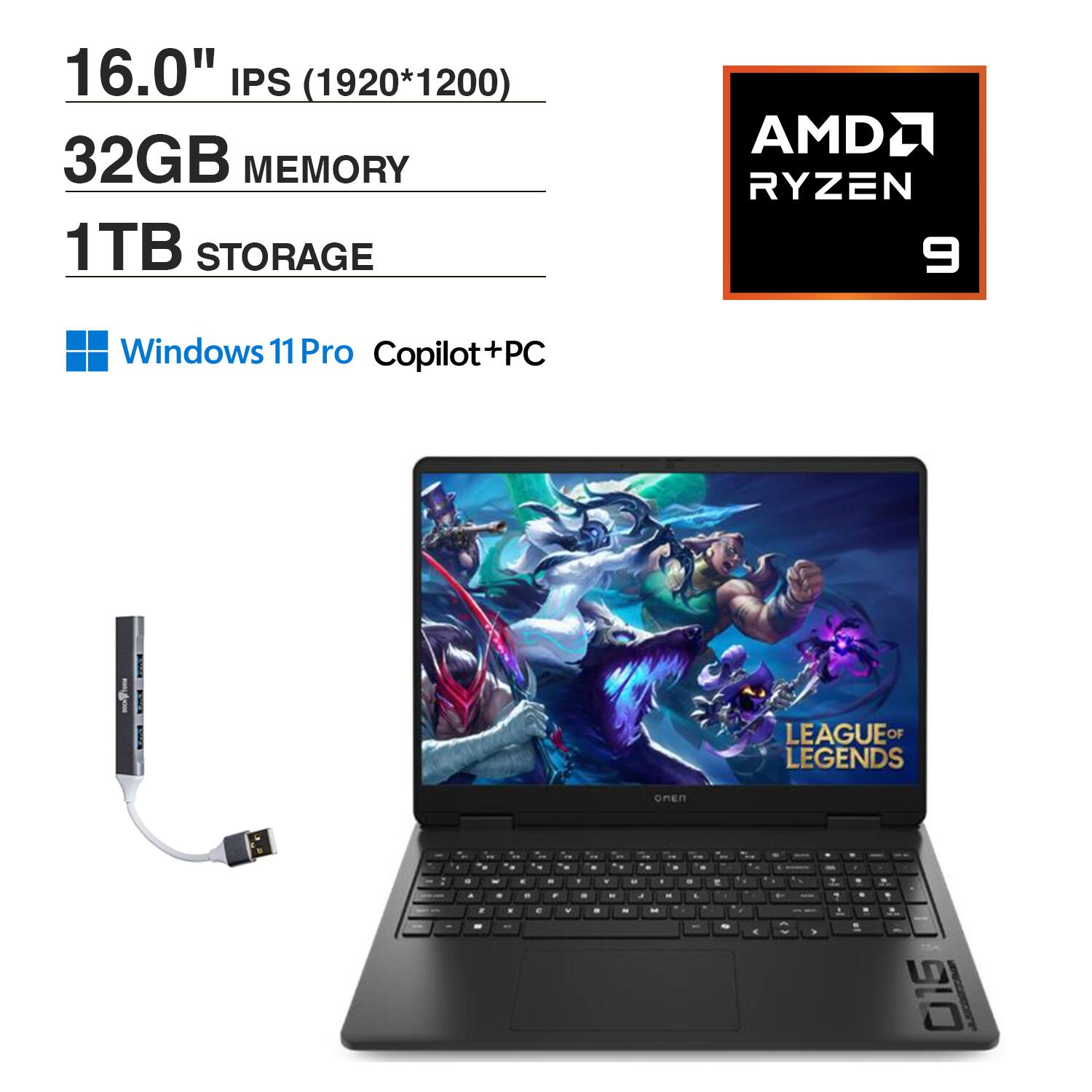 HP - OMEN BP1Q1UA#ABA Gaming Laptop, Ryzen 9 8940HX, 32GB, 1TB SSD, 16.0 (1920x1200), RTX 5060, Win 11 Pro - Shadow Black