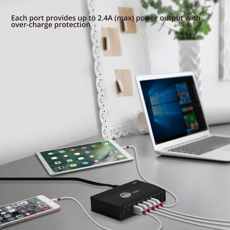 Each port provides up to 2.4A (max) power output with over-charge protection.