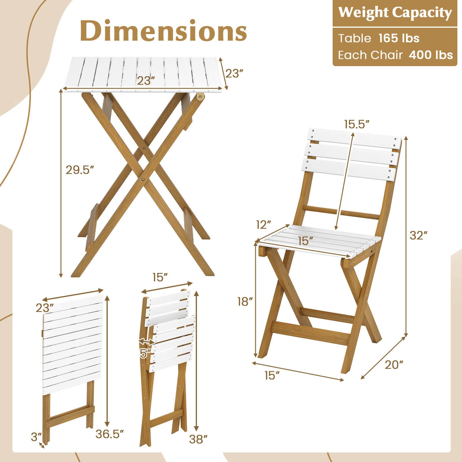 Dimensions: 23" 23" 15.5" 29.5" 12" 15" 32" 15" 23" 18" 5" 15" 20" 3" 36.5" 38"

Weight Capacity: Table 165 lbs Each Chair 400 lbs