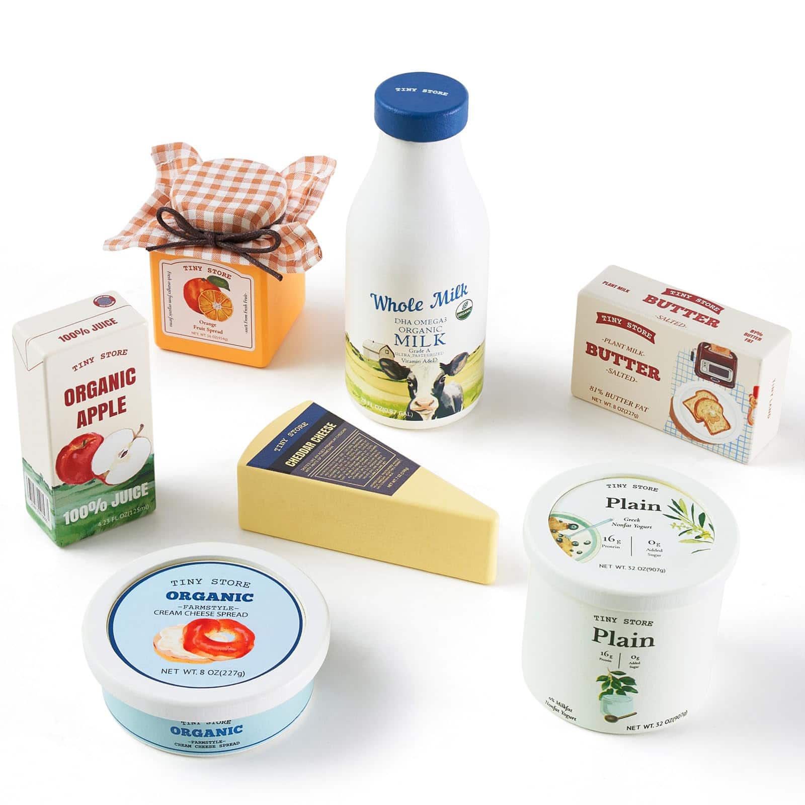 Tiny Land - Wooden Dairy & Drinks Pretend Food Set, 7-Piece Play Kitchen Accessories with Milk, Juice & Cheese