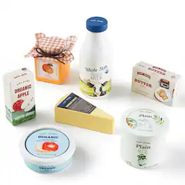 Tiny Land - Wooden Dairy & Drinks Pretend Food Set, 7-Piece Play Kitchen Accessories with Milk, Juice & Cheese