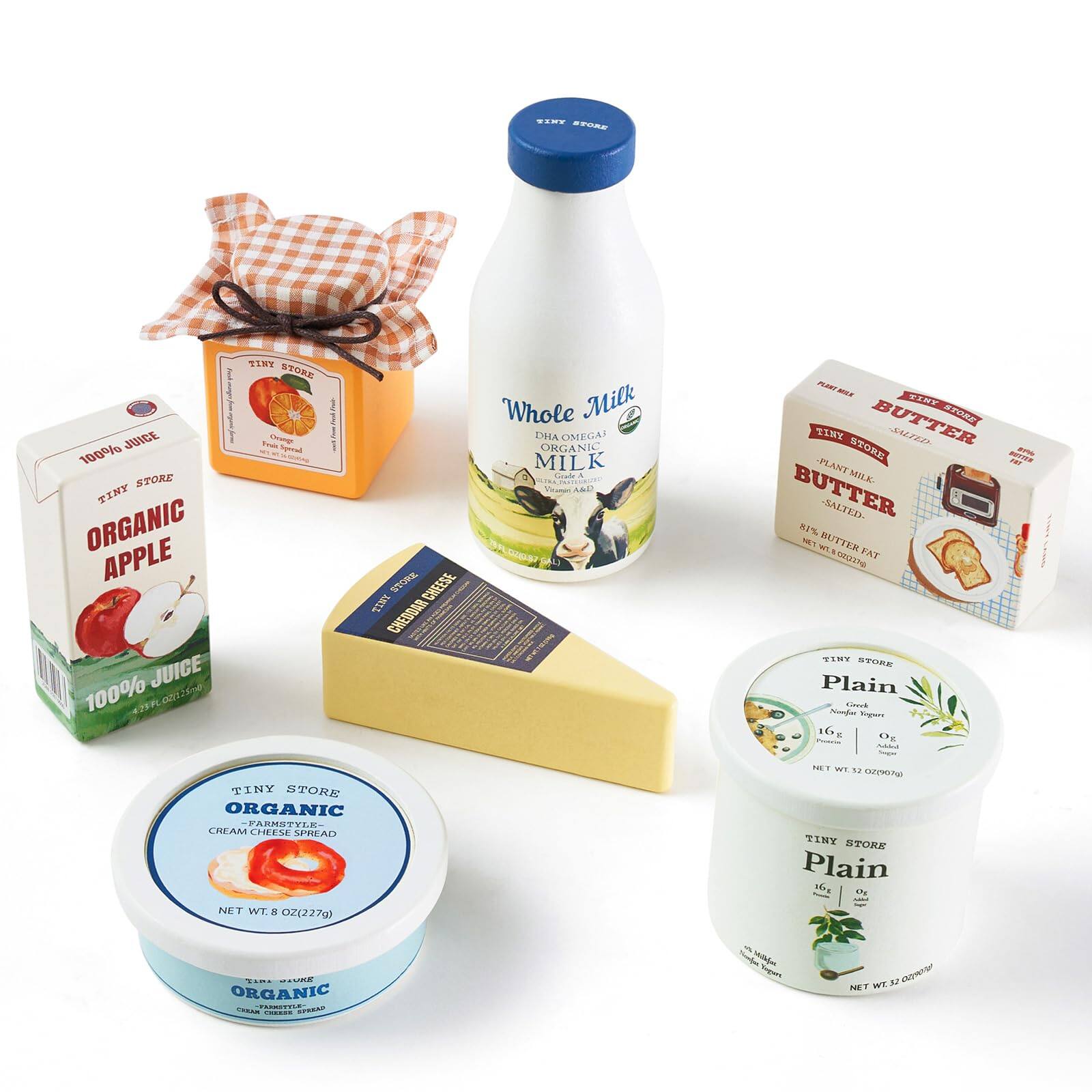 TINY STORE  
TINY STORE JUICE Fruit Orange 100% Sporal STORE  
TINY ORGANIC APPLE STORE CHEESE TINY CHEDDAR 100% JUICE  
TINY STORE ORGANIC -FARMSTYLE- CREAM CHEESE SPREAD NET WT. 8 OZ(227g)  
Whole Milk DHA OMEGAS ORGANIC MILK Grade A  
PLEASE usx TINY BUTTER STORE TINY SALTED PLANT STORE ESTILE 150 23% MILK- BUTTER 81% SALTED- NET $,700 BUTTER FAT 02321g  
TINY STORE Plain Greek Nonfat Yogurt 16g Og Added vegan! NET WT. 12 OZ(907g)  
TINY STORE Plain 16g 0g  
Think STORE ORGANIC - VOLK COOKE SPREAD  
Milkfore Vegues  
NET WT. 32