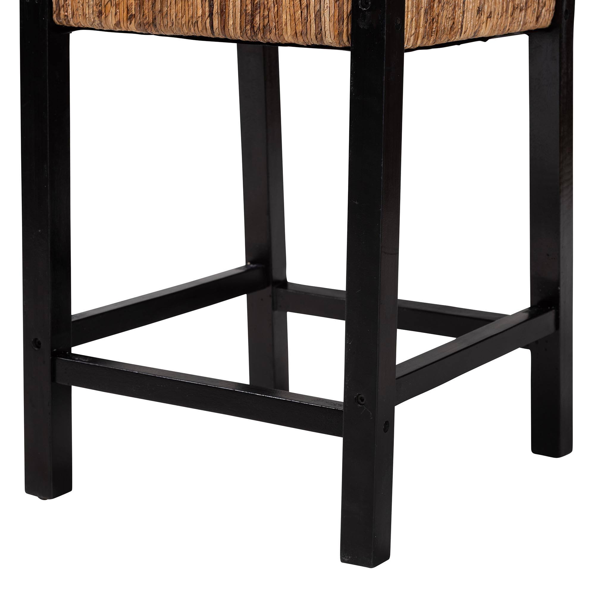 Alt View 1. bali & pari - Raniya Seagrass Counter Stool Set of 2 - Solid Mango Wood Frame with Woven Seat and Backrest, Rustic Boho Style - Natural Brown/Black.