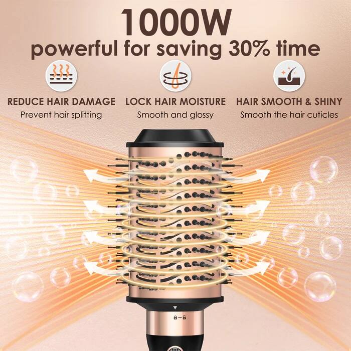 1000W powerful for saving 30% time

- REDUCE HAIR DAMAGE
  - Prevent hair splitting

- LOCK HAIR MOISTURE
  - Smooth and glossy

- HAIR SMOOTH & SHINY
  - Smooth the hair cuticles