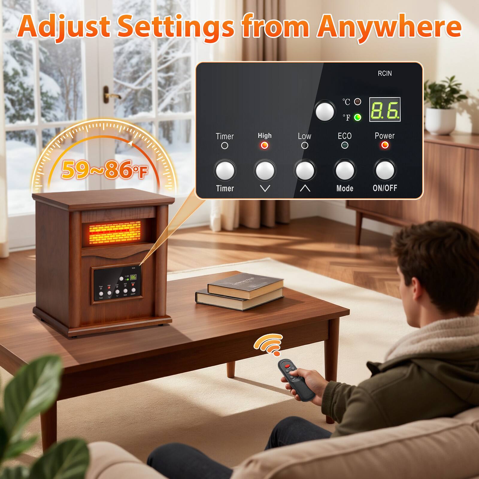 Adjust Settings from Anywhere

RCIN "F 8.6 Timer High Low ECO Power 59~86°F Timer Mode ON/OFF