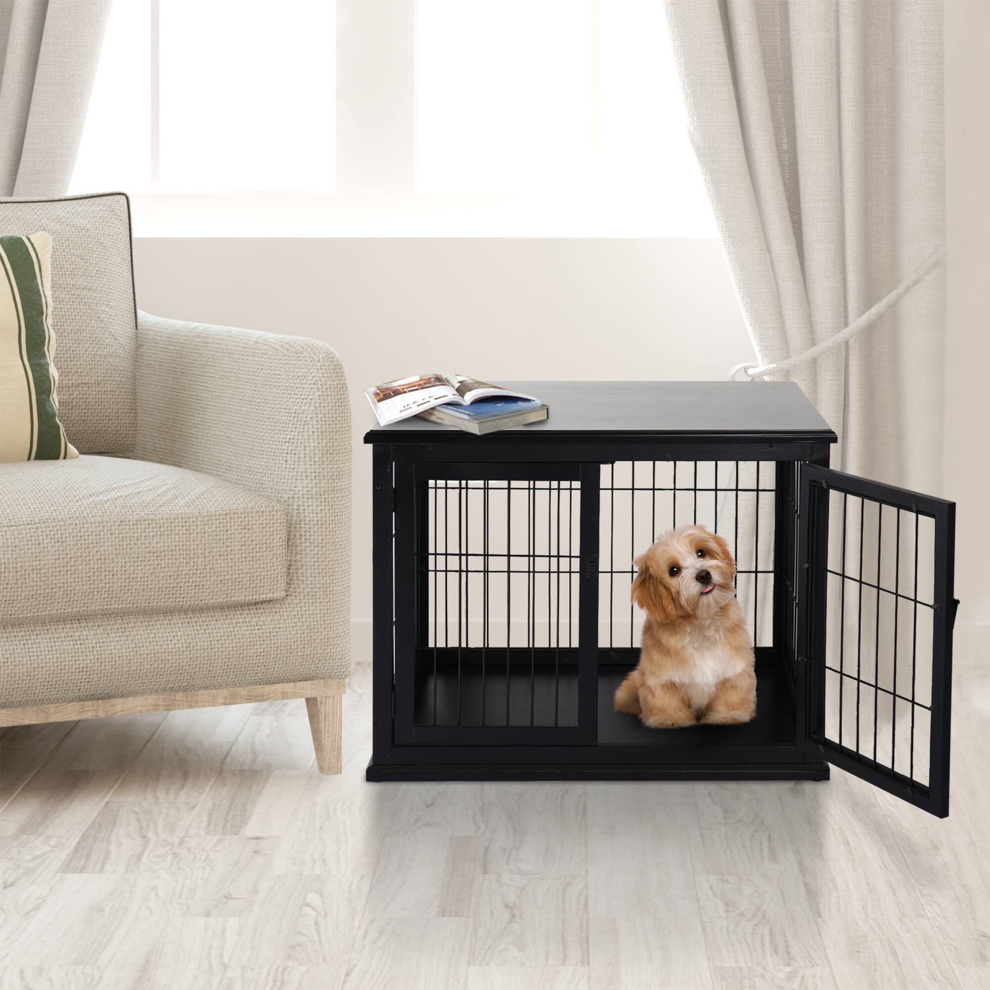Angle. Pawhut - Dog Crate Furniture, 32" Small Dog Cage End Table with 2 Doors, Lockable Door, Puppy Kennel Indoor.