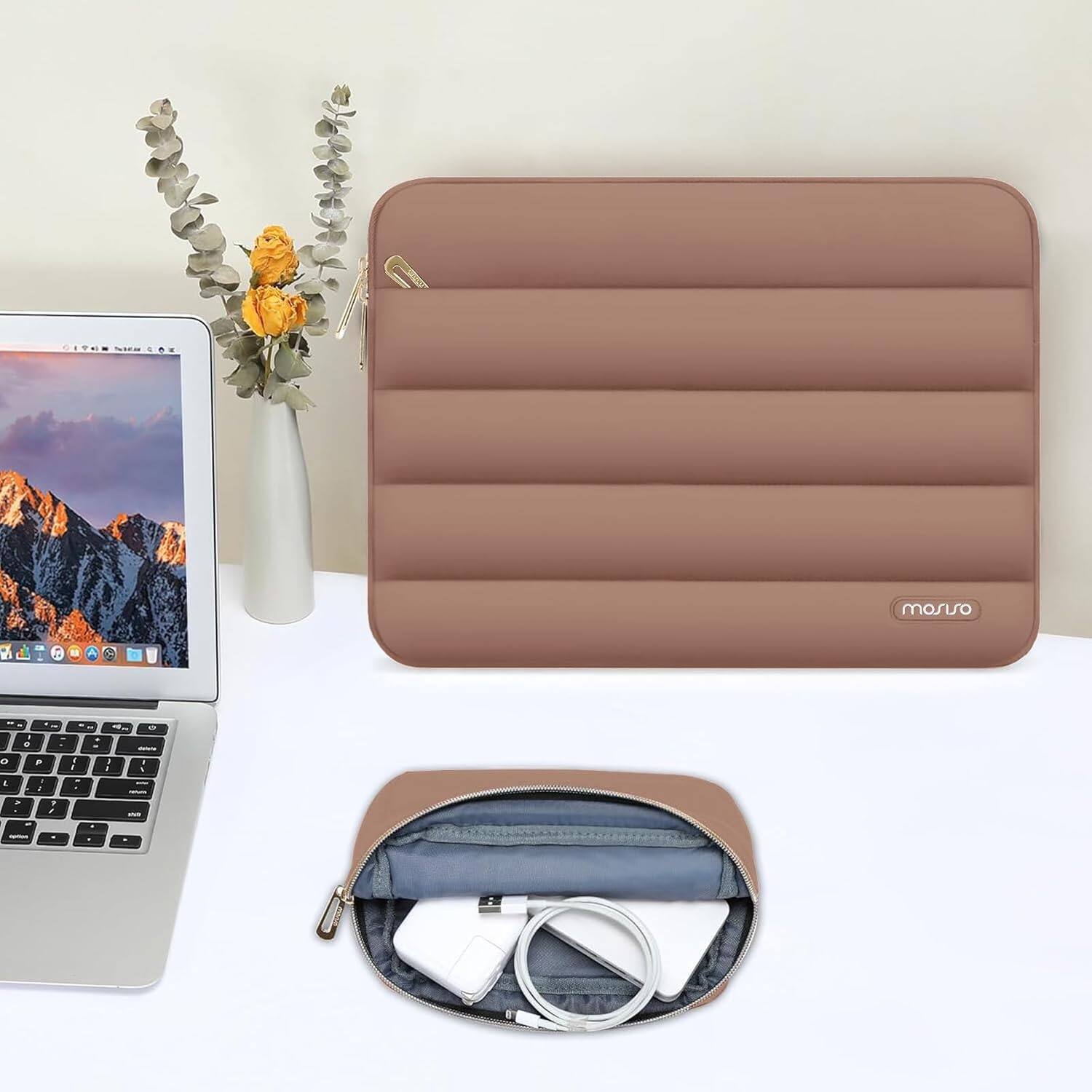 Alt View 4. mosiso - Puffy Laptop Sleeve 13-13.3 inch for MacBook Air 13 13.6 M4 M3 M2 M1/Pro 13/Pro 14, HP Dell ASUS Lenovo - Mocha.