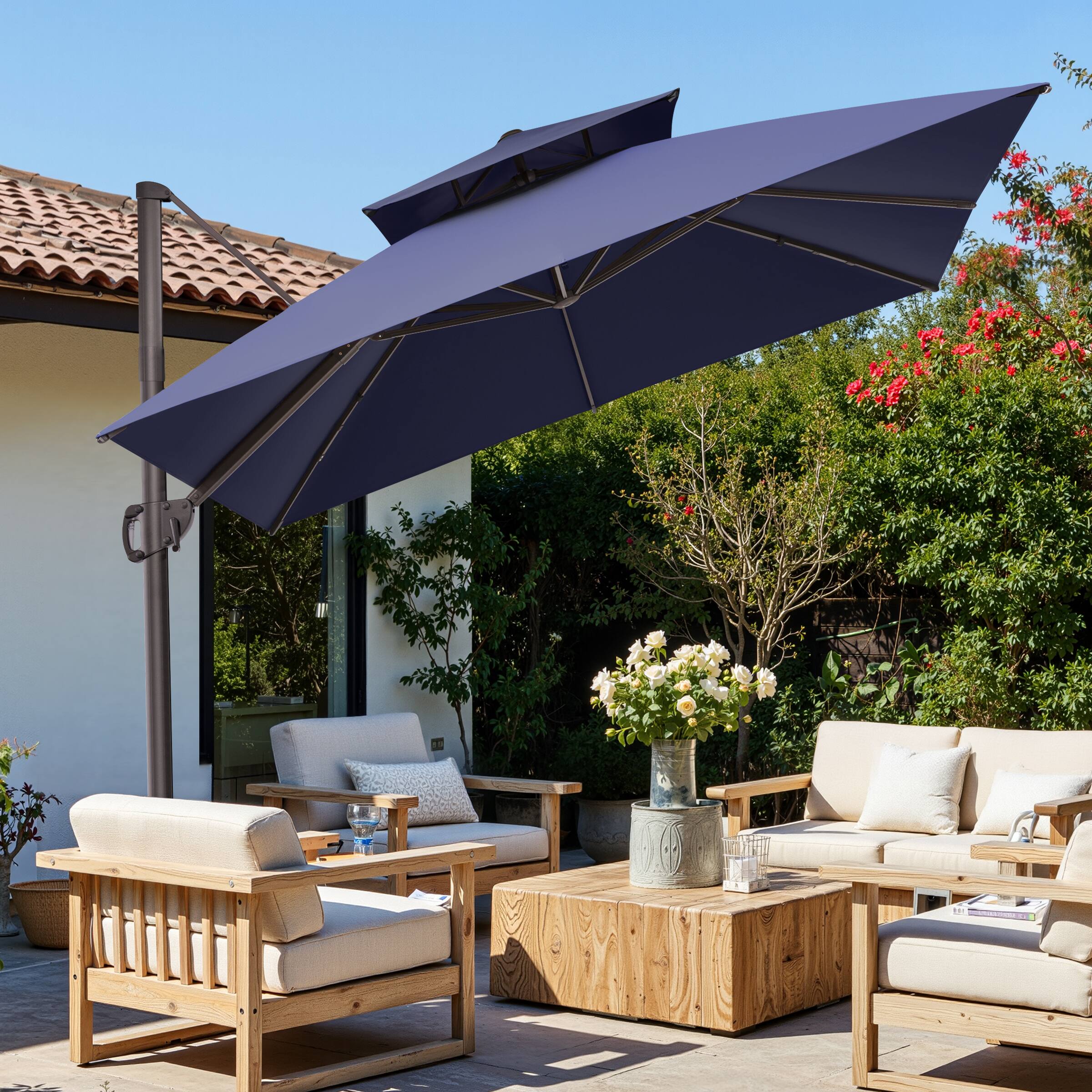Alt View 6. Crestlive Products - Crestlive Products 10x10ft Aluminum Double Top Crank Cantilever Patio Umbrella with Base - Navy blue.