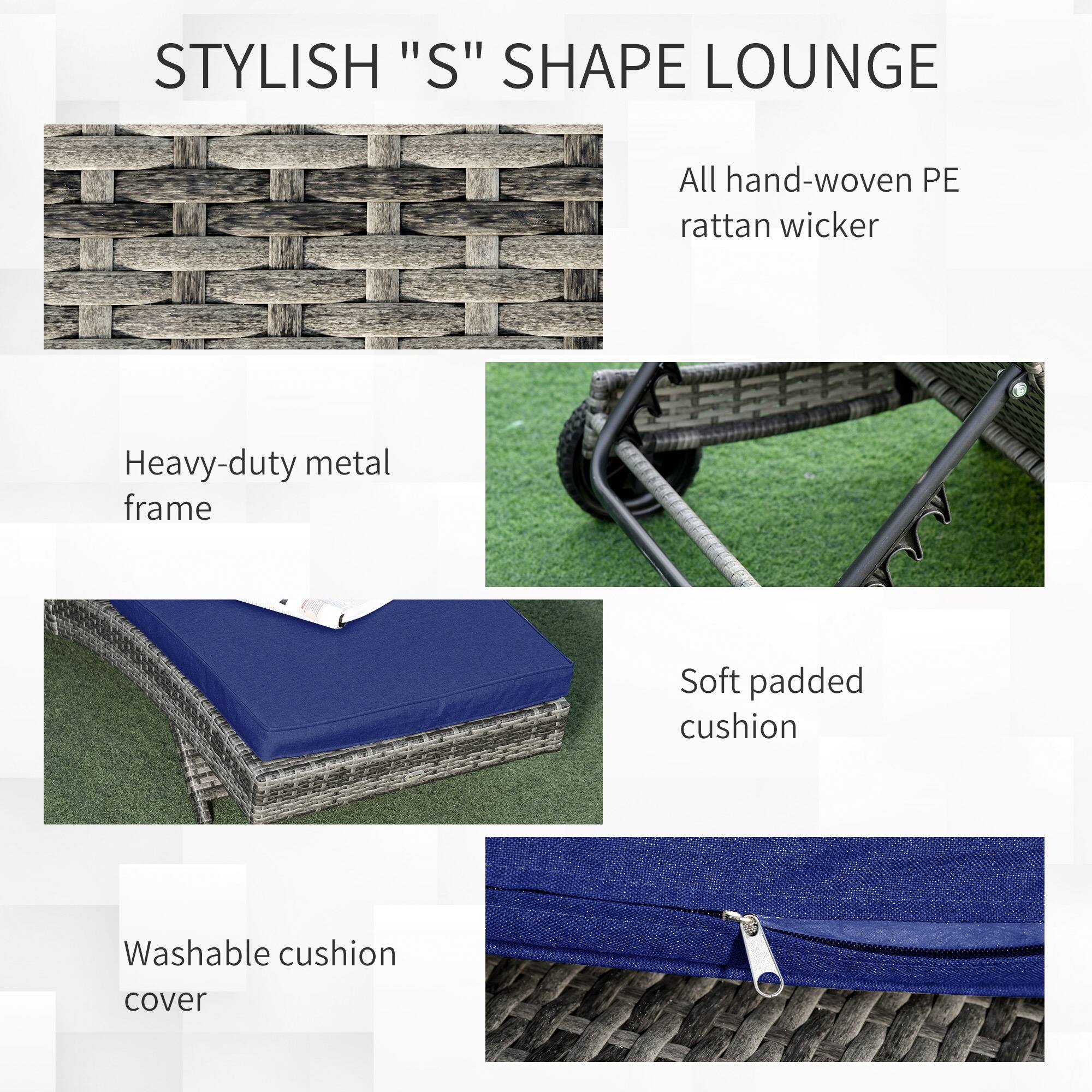 STYLISH "S" SHAPE LOUNGE

- All hand-woven PE rattan wicker
- Heavy-duty metal frame
- Soft padded cushion
- Washable cushion cover