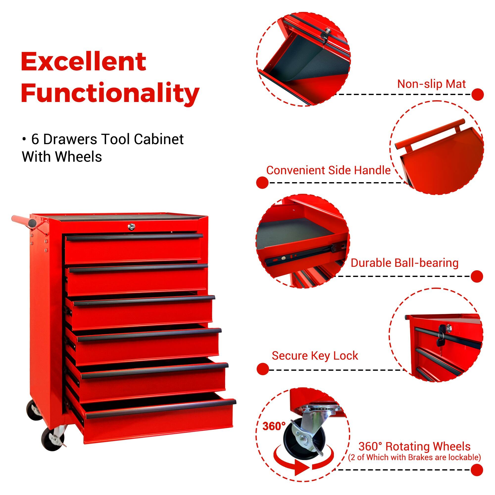 Excellent Functionality

- 6 Drawers Tool Cabinet With Wheels
- Non-slip Mat
- Convenient Side Handle
- Durable Ball-bearing
- Secure Key Lock
- 360° Rotating Wheels (2 of Which with Brakes are lockable)