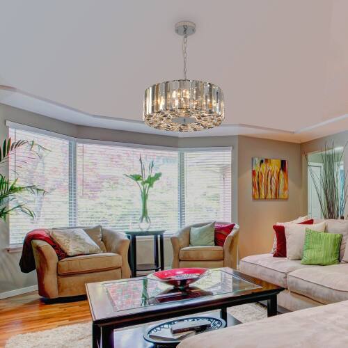 Alt View 1. LUCKY ONE - 17in Hanging Chrome Crystal Chandelier, 4-Light Modern Pendant for Dining Room Living Room Kitchen - Transparent.