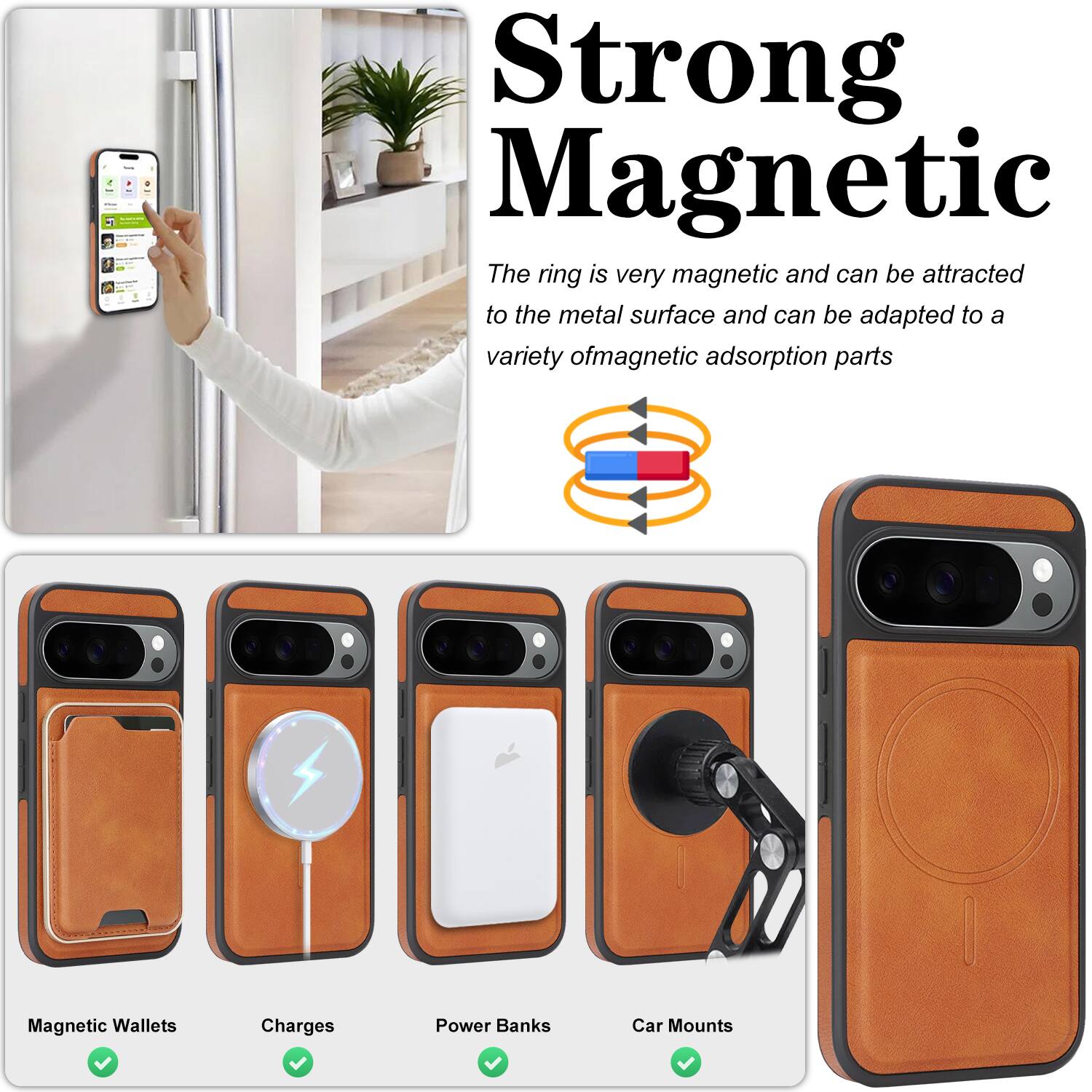 Strong Magnetic  
The ring is very magnetic and can be attracted to the metal surface and can be adapted to a variety of magnetic adsorption parts

Magnetic Wallets  
Charges  
Power Banks  
Car Mounts