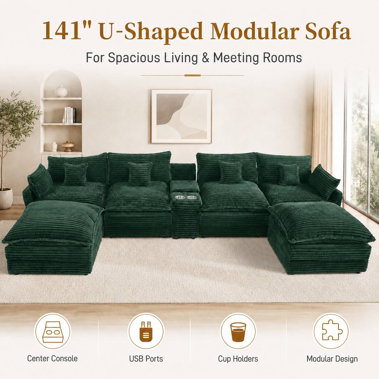 141" U-Shaped Modular Sofa For Spacious Living & Meeting Rooms  
Center Console USB Ports Cup Holders Modular Design