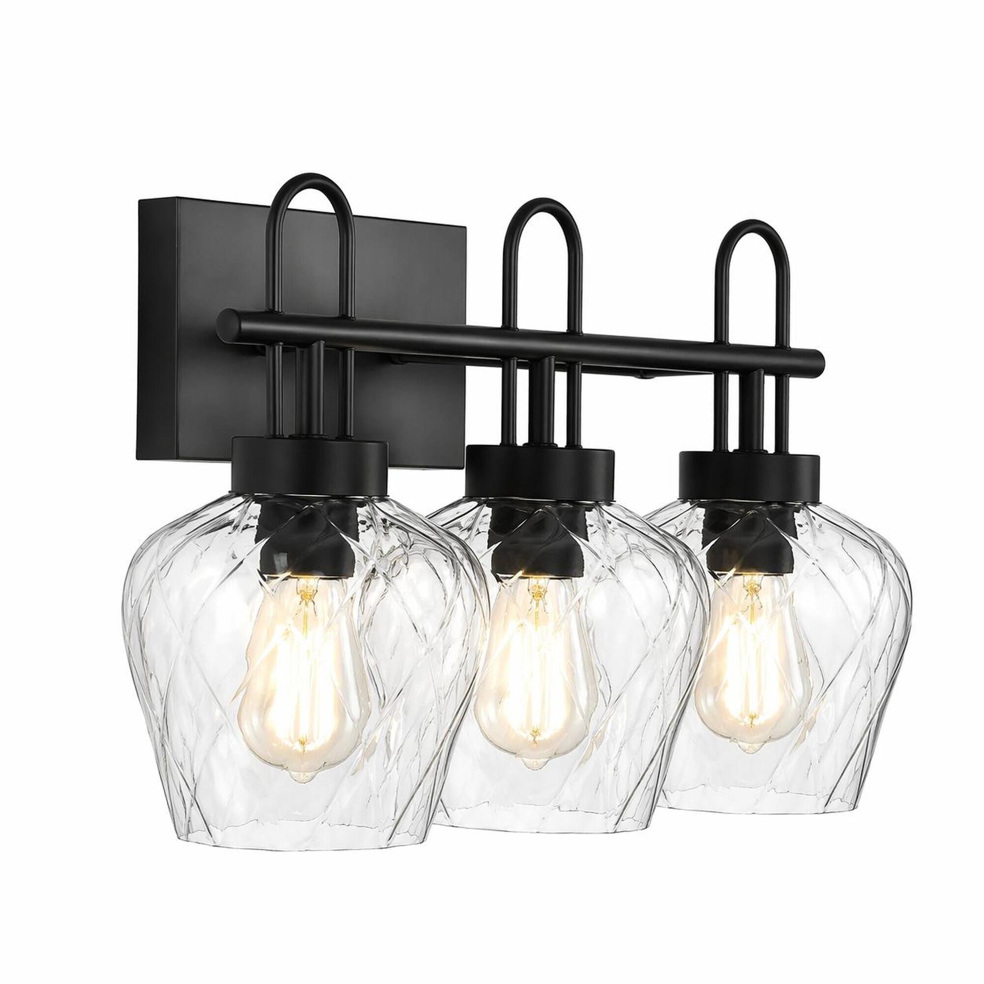 Front. RYHNUYNE - Black 3‑Light Bathroom Vanity Light,Wall Sconce with Clear Glass Shade for Bathroom - Black.
