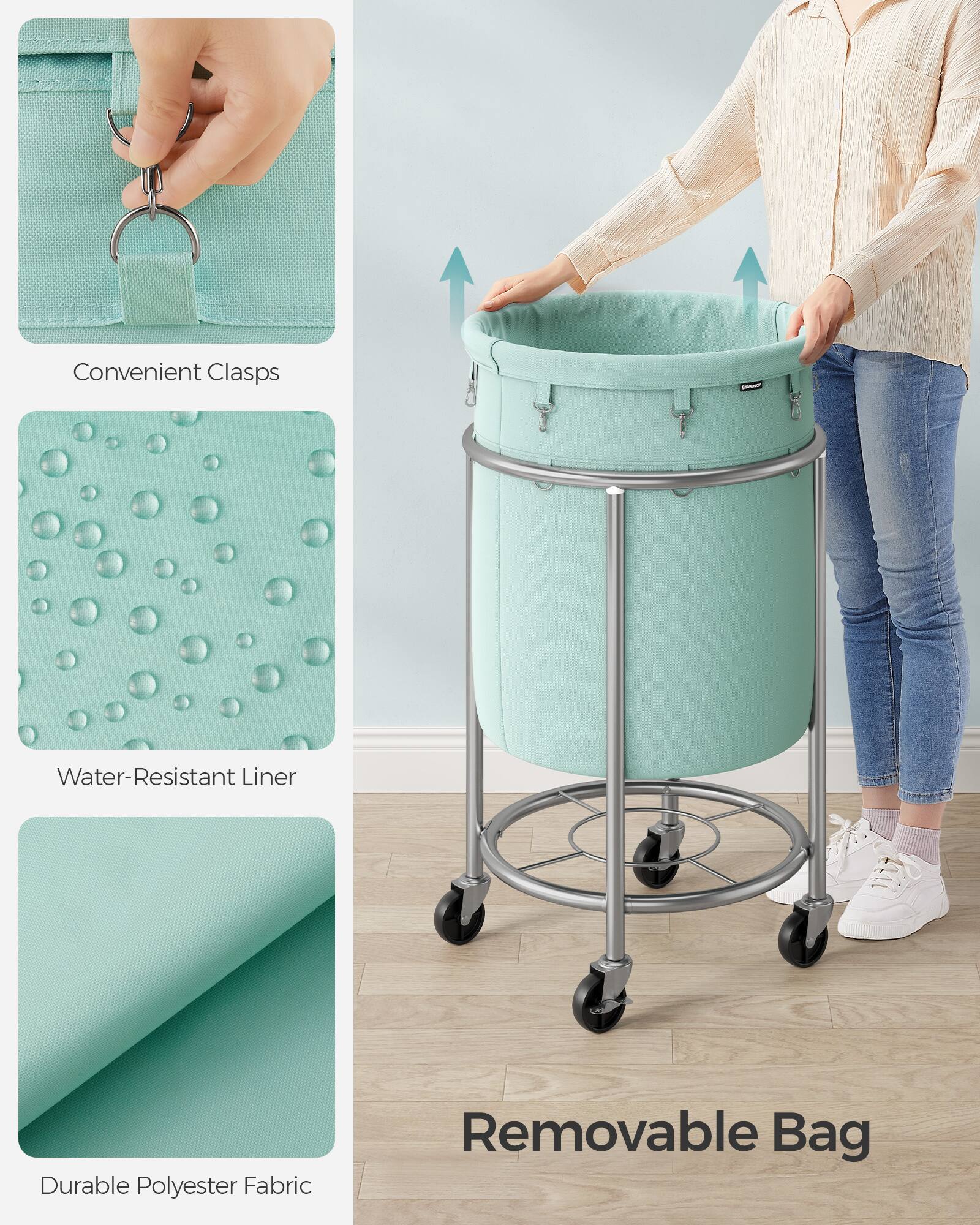 - Convenient Clasps
- Water-Resistant Liner
- Durable Polyester Fabric
- Removable Bag