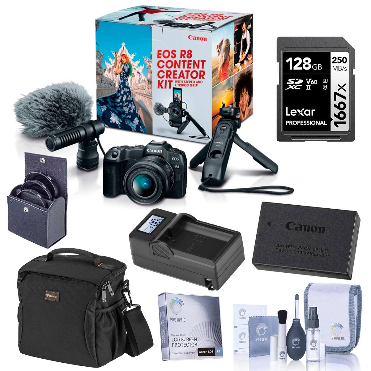 Canon EOS R8 CONTENT CREATOR WITH STEREO MIC KIT. TRIPOD GRIP

Canon EOS R8

250 MB/s 128 GB S V60 XC C X PROFESSIONAL Lexar 1667x

Canon BATTERY PACK 7.2V LP-E17 1040mAh Li-ion

PRO OPTIC

PROSPIC

Optical Glass LCD SCREEN PROTECTOR Canon EOS R8

2019

PRO OPTIC

NE SPIC

2019

PRO OPTIC

mounts
