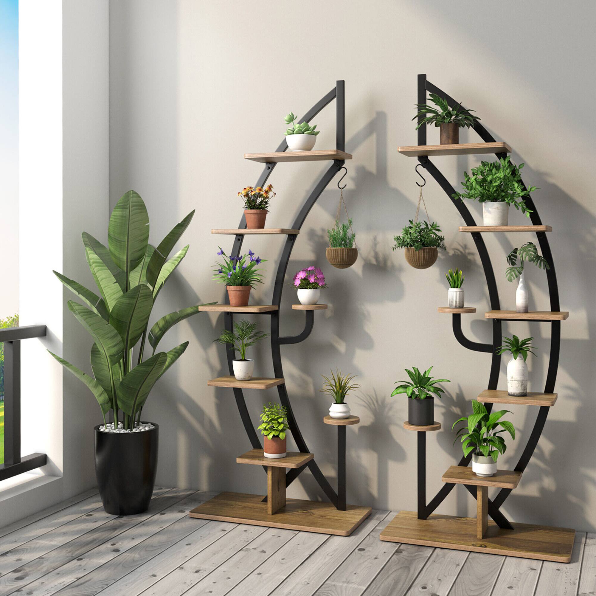 Alt View 2. Gymax - Gymax 2 PCS 6 Tier 9 Potted Metal Plant Stand Curved Stand Holder Display Shelf w/ Hook - Natural+Black.