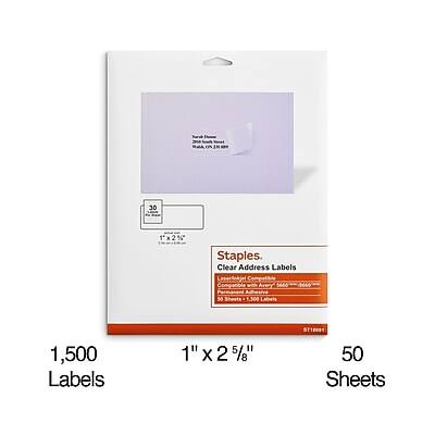 Staples Clear Address Labels  
1" x 2 5/8"  
1,500 Labels  
50 Sheets