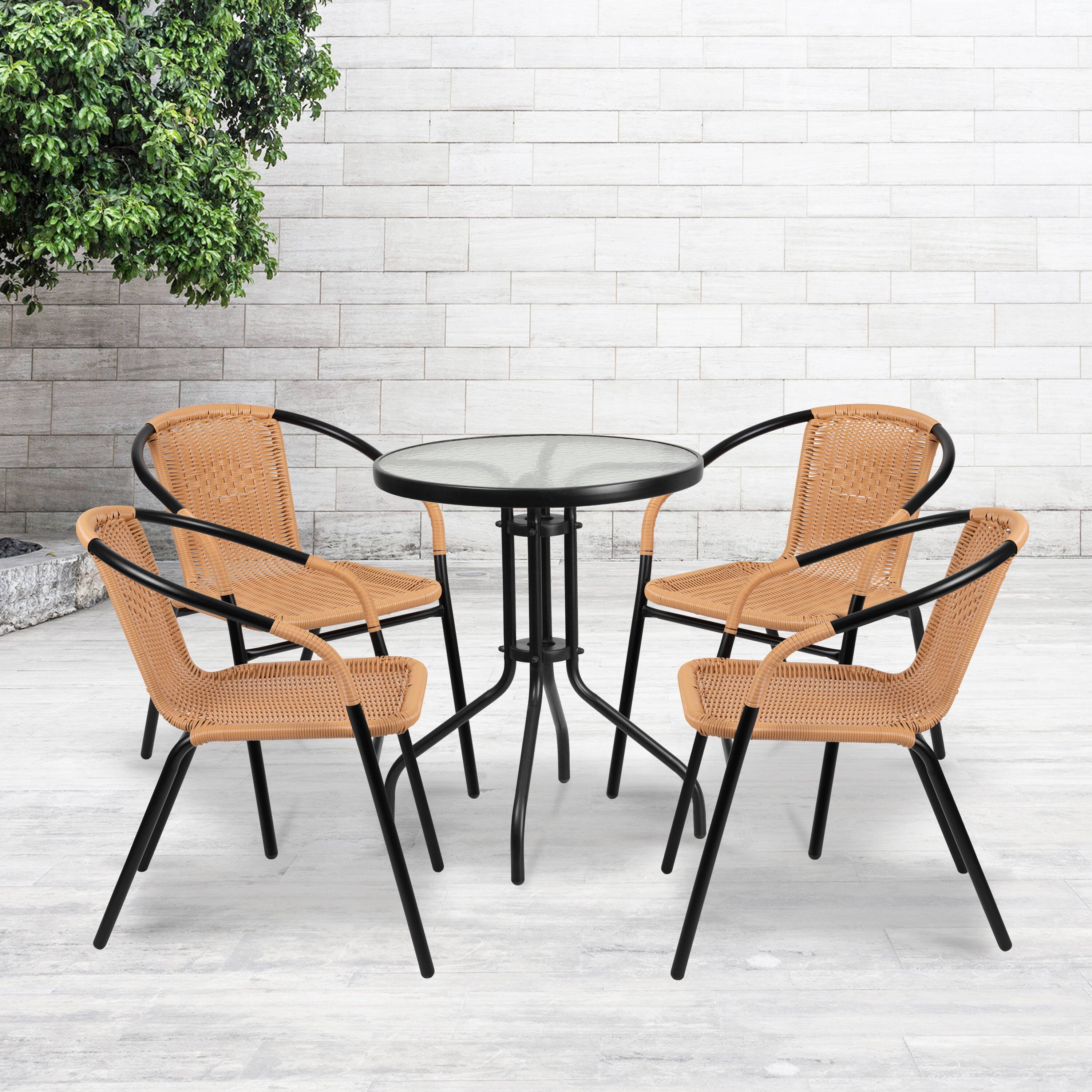 Alt View 2. Emma + Oliver - 4 Pack Rattan Indoor-Outdoor Restaurant Stack Chair with Curved Back - Beige.
