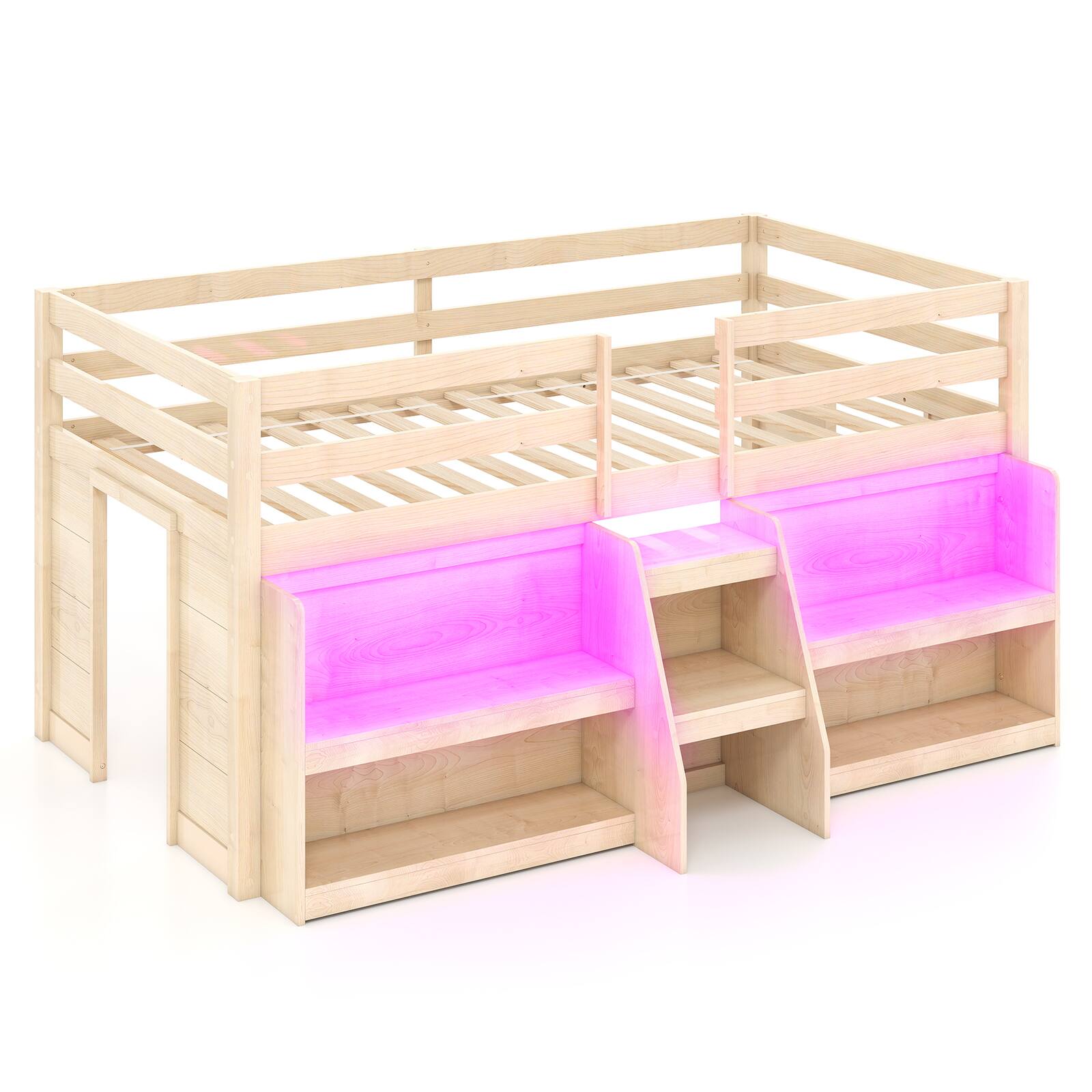 Gymax - Twin Size Loft Bed w/ LED Lights Staircase & Safety Guardrail Under-bed Storage - Natural