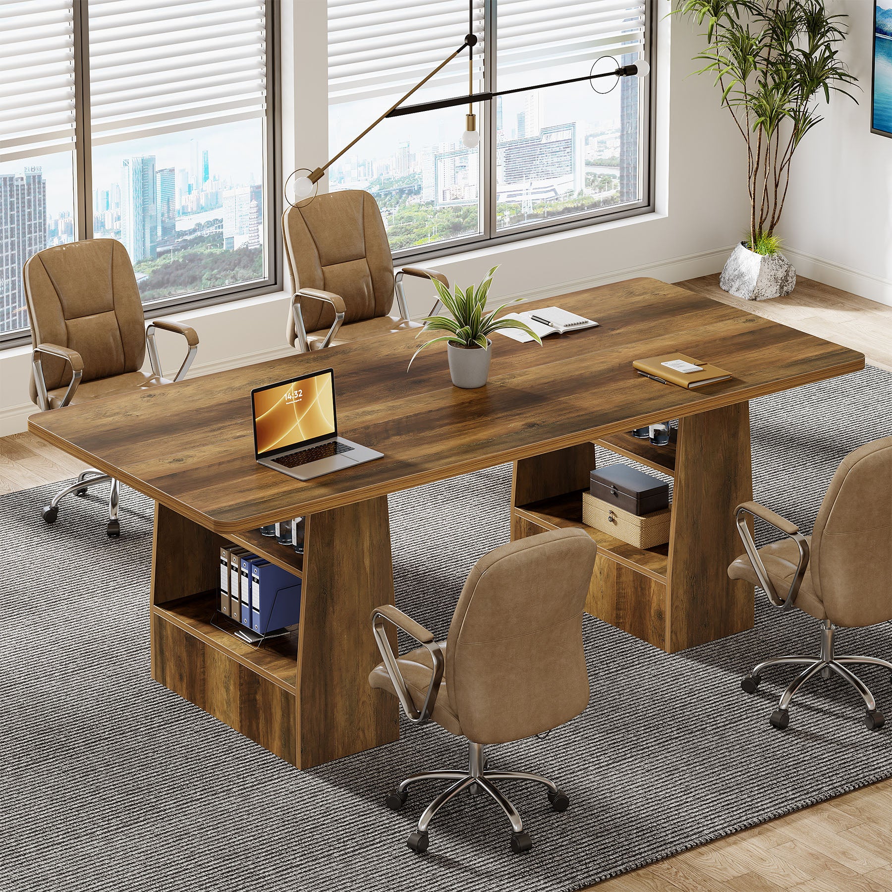 Tribesigns - Conference Table with Wood Grain Finish and Rectangular Top for Meetings, Writing and Everyday Work - Brown