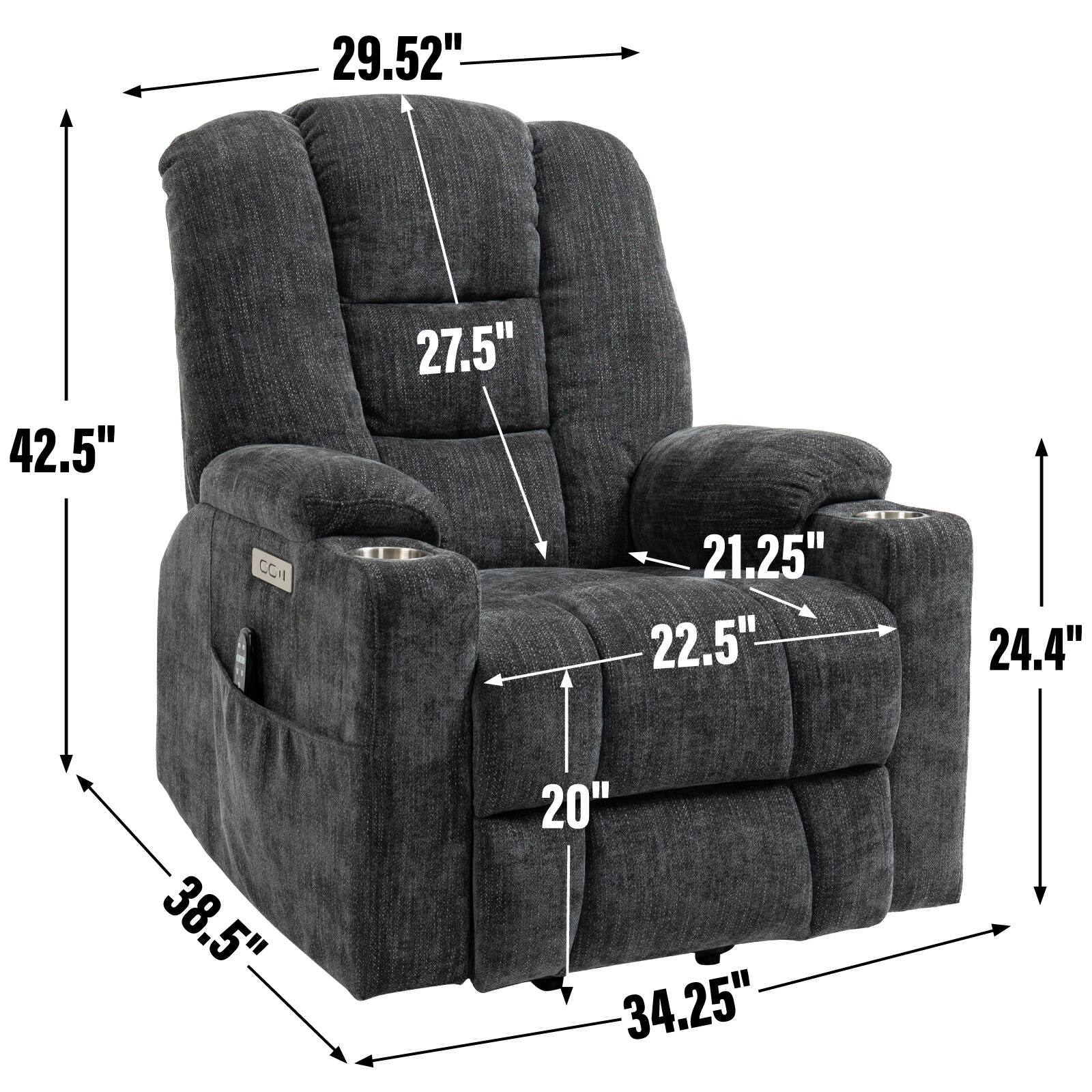 - Height: 42.5"
- Width: 38.5"
- Depth: 34.25"
- Seat Height: 20"
- Seat Depth: 22.5"
- Armrest Height: 27.5"
- Armrest Width: 21.25"
- Back Height: 29.52"
- Overall Height: 24.4"