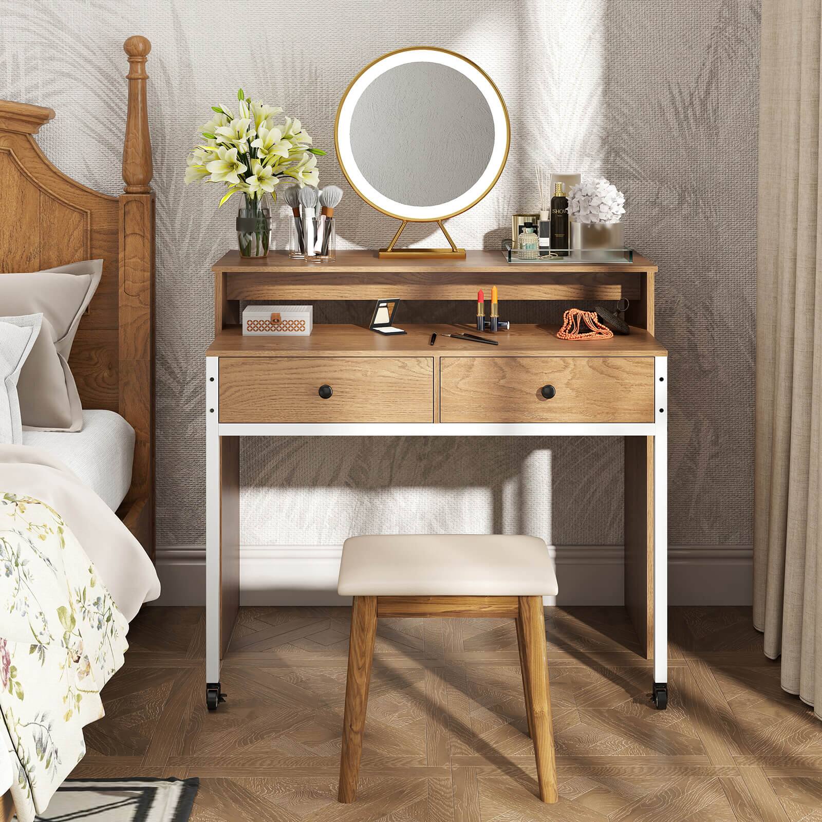 Alt View 3. Costway - Costway 39.5" Expandable Rolling Computer Desk with Monitor Shelf 2-tier Desktop 2 Drawers - Natural.