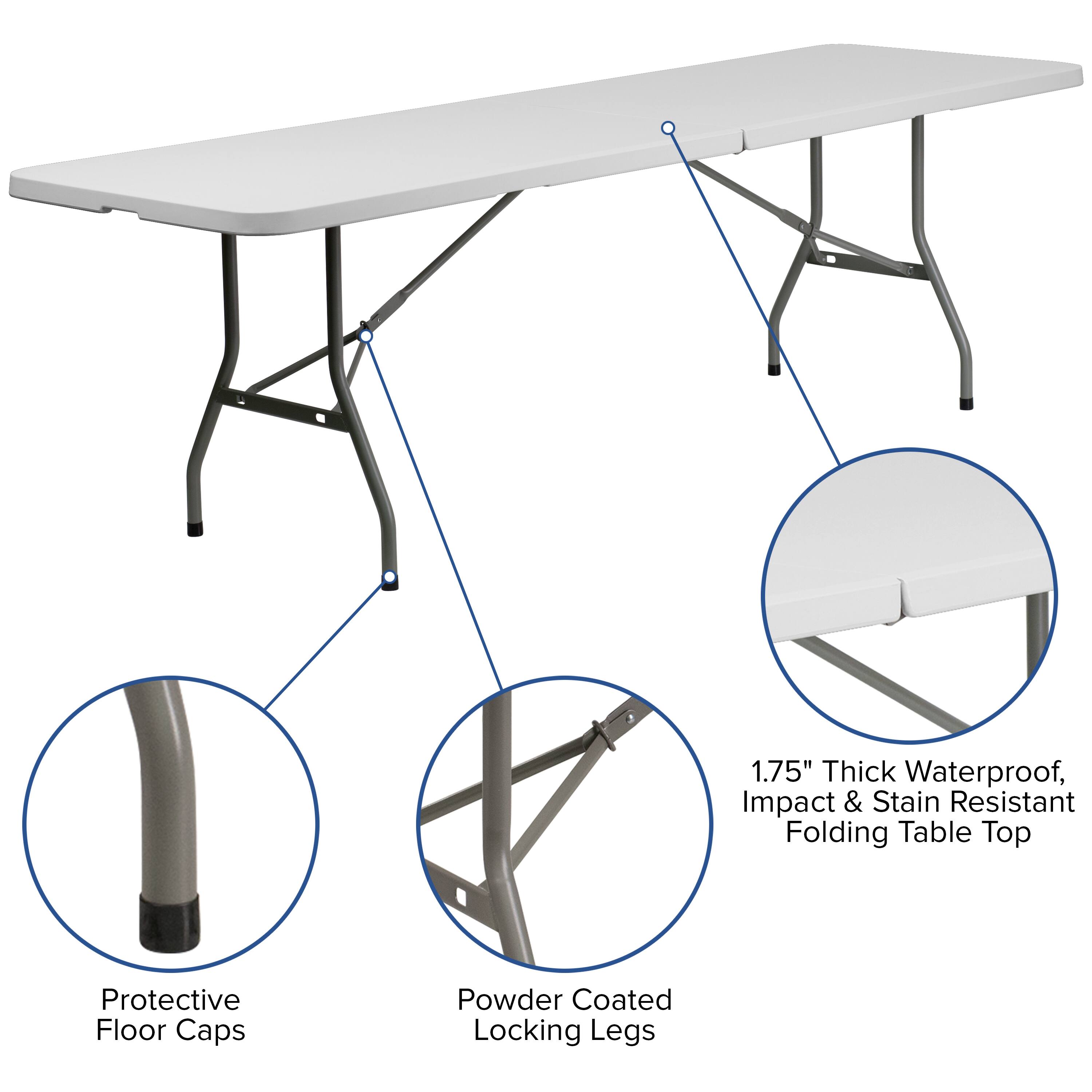 1.75" Thick Waterproof, Impact & Stain Resistant Folding Table Top  
Protective Floor Caps  
Powder Coated Locking Legs