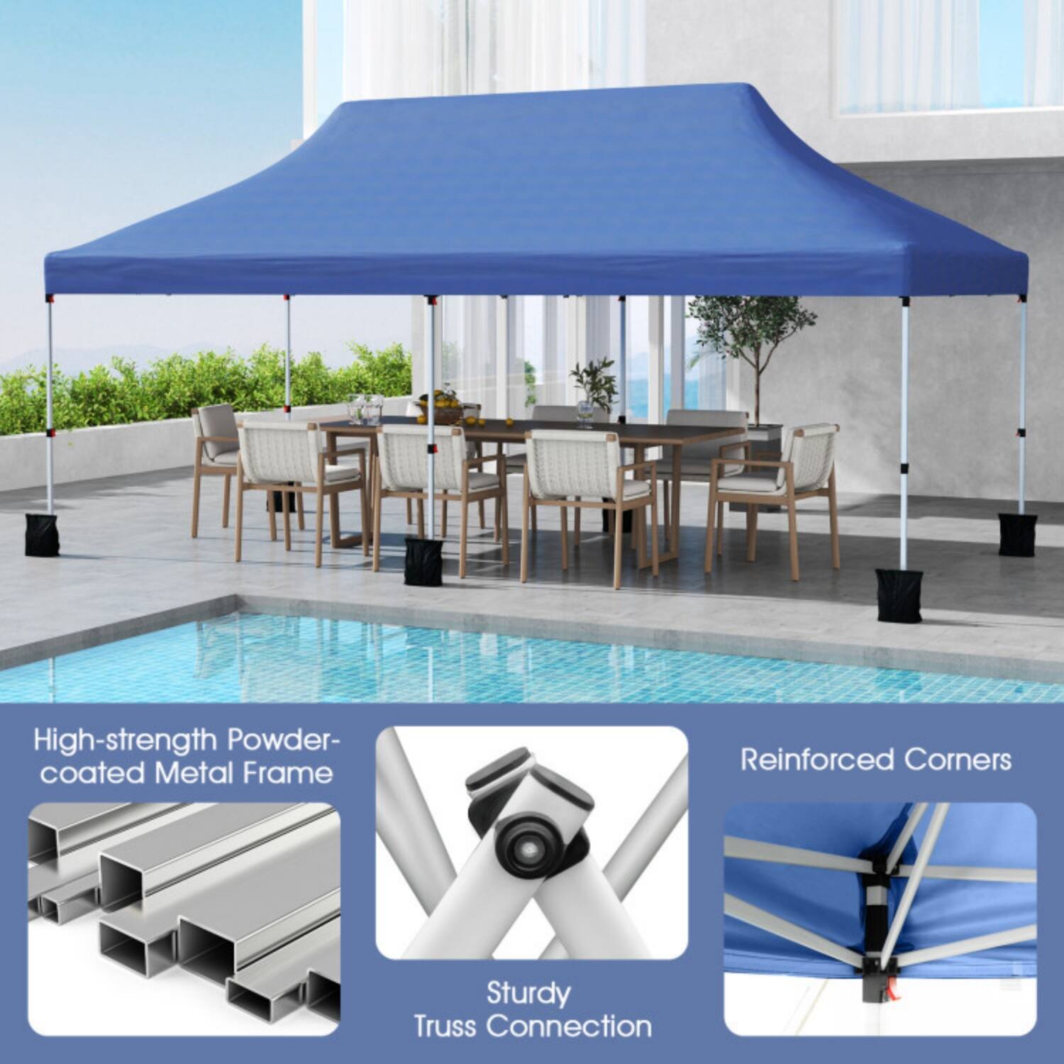 High-strength Powder-coated Metal Frame  
Reinforced Corners  
Sturdy Truss Connection