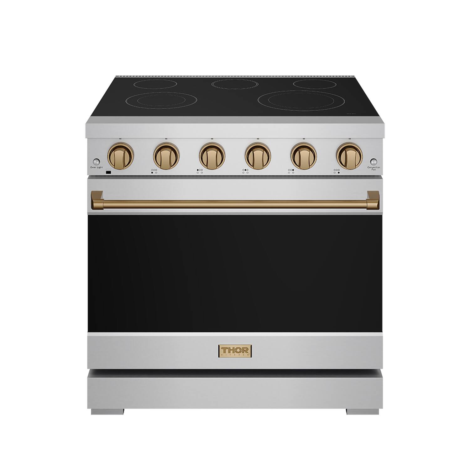 Front. Thor Kitchen - Gordon Ramsay Series by Thor Kitchen 6.0 Cu. Ft Freestanding Electric Range with Bronze Hardware - Stainless Steel.