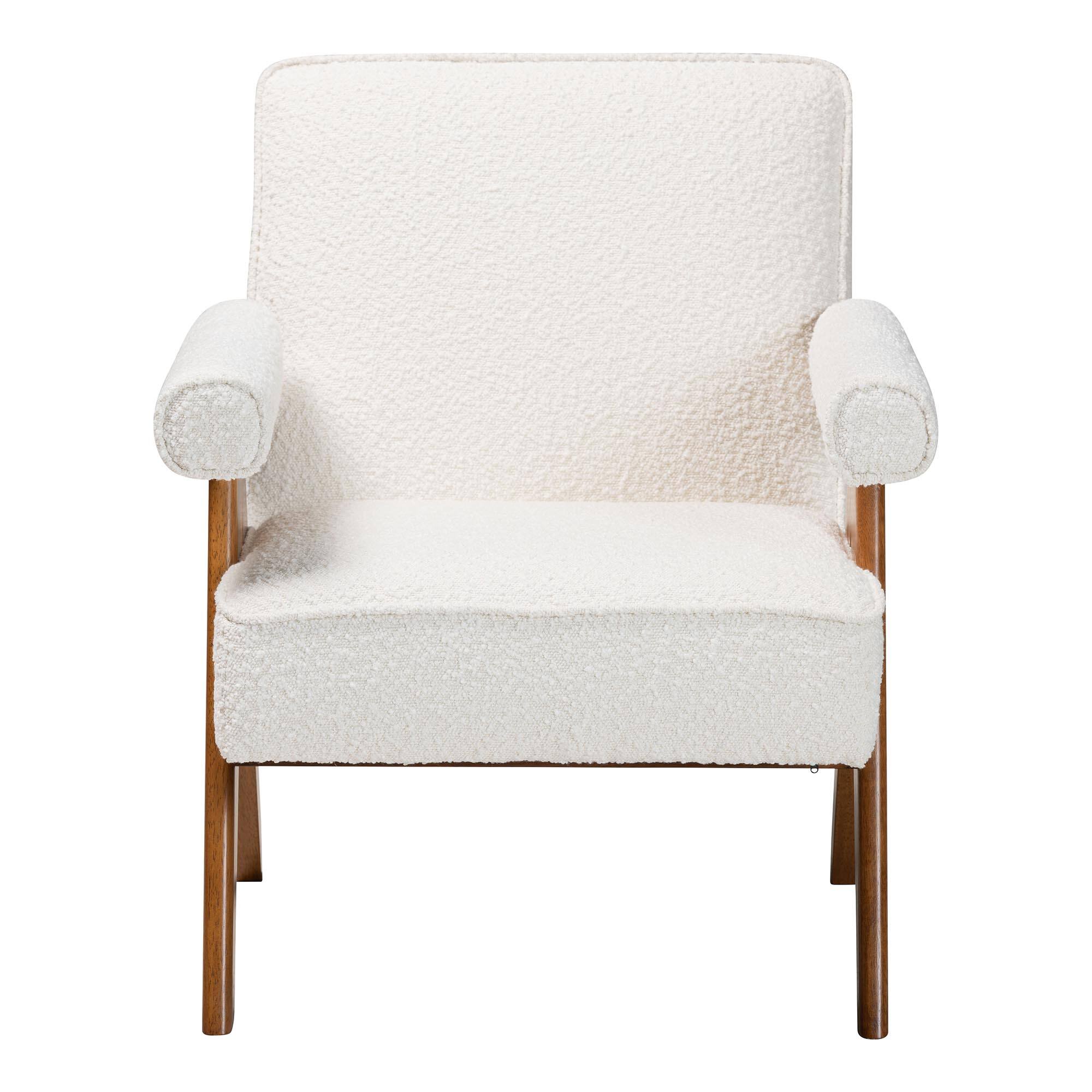 Angle. Baxton Studio - Georgina Japandi Boucle and Walnut Wood Accent Chair - Cream/Walnut Brown.
