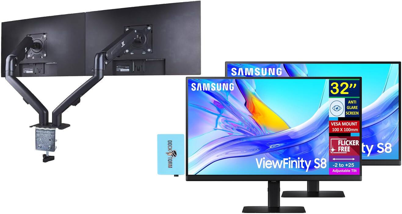 Samsung - 27" ViewFinity S8 (S80UD) 4K UHD IPS Monitor, (LS27D802UANXGO) 2 Pack w/DKZ Hub & Ergoflexy Dual Mount Arm - Black