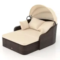 Costway Patio PE Rattan Daybed with Retractable Canopy Soft Cushions and Extra Pillows - Beige,Mix Brown - Front_Zoom