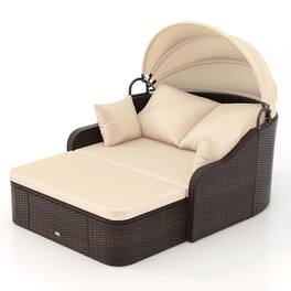 Costway - Patio PE Rattan Daybed with Retractable Canopy Soft Cushions and Extra Pillows - Beige,Mix Brown