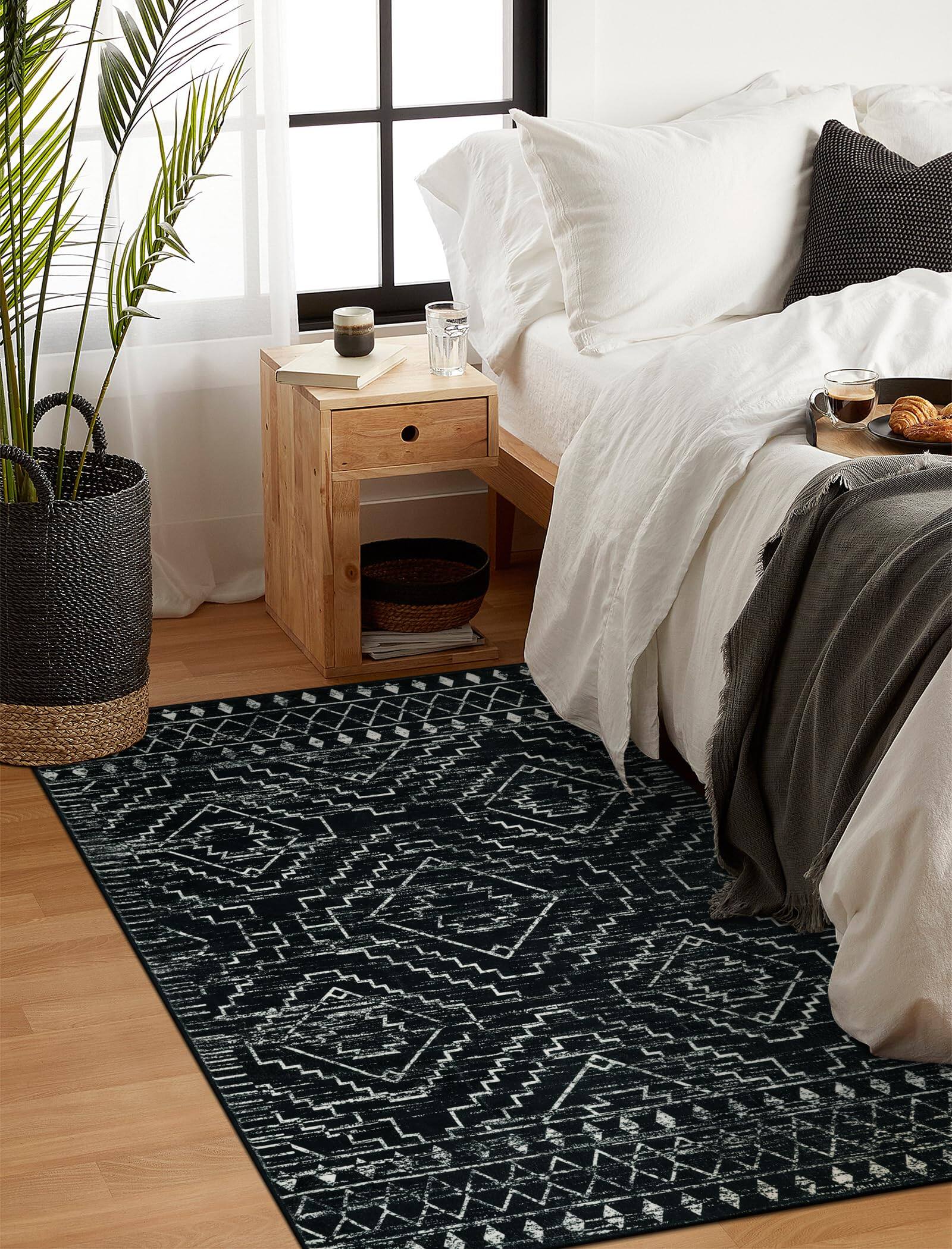 Alt View 3. Fabibe - 3X5 BLACK Farmhouse Rustic Geometric Non-Shedding Machine Washable Wool Synthetic - Black 9' x 12' (Rectangular).