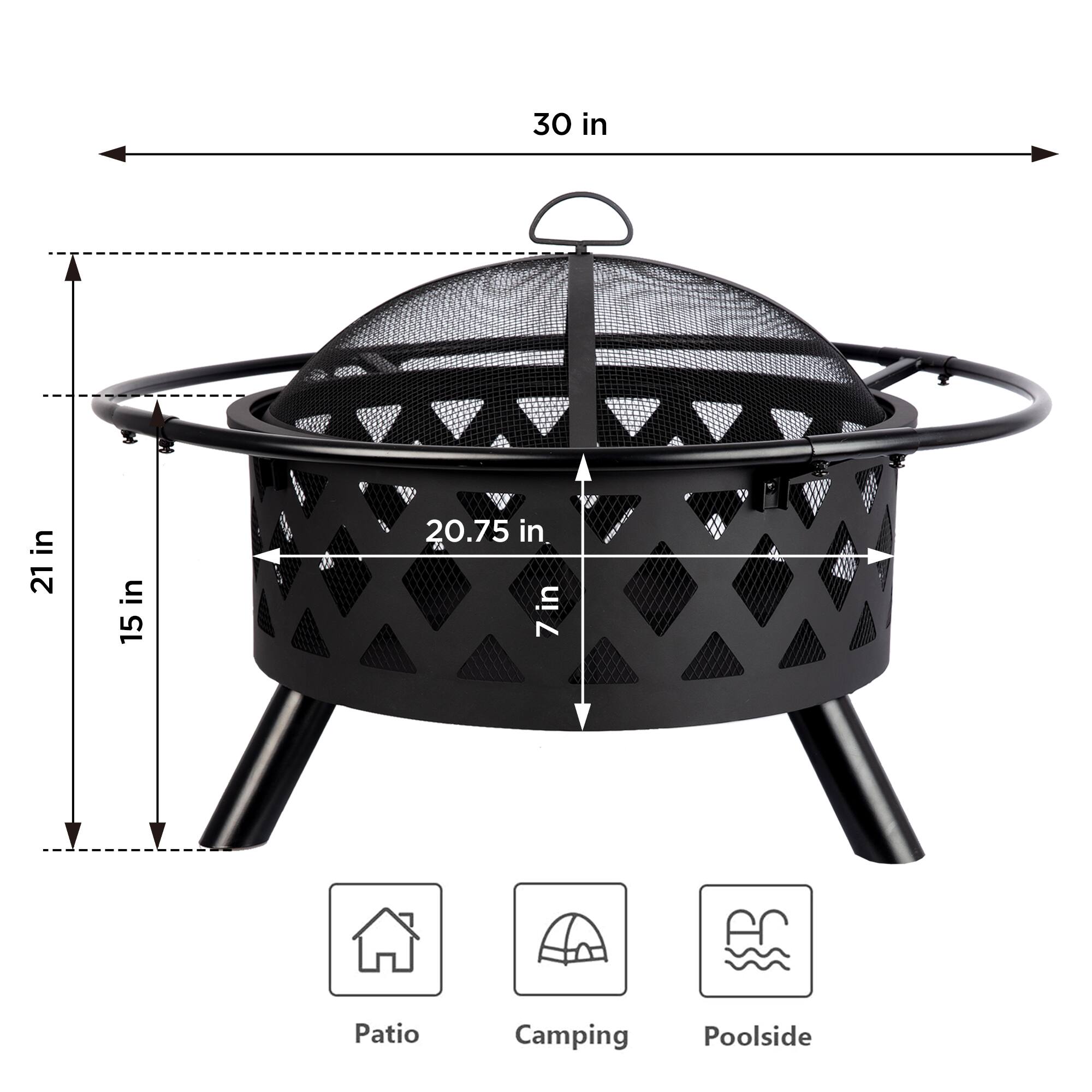 The text on the image reads: "30 in 21 in 15 in 20.75 in 15 in 7 Patio Camping Poolside." This text is describing the dimensions of the grill. The grill is 30 inches in diameter, 21 inches in diameter, and 15 inches in diameter. It is also 20.75 inches in diameter and 15 inches in diameter. The grill is designed for use on a patio, for camping, and for poolside use.
