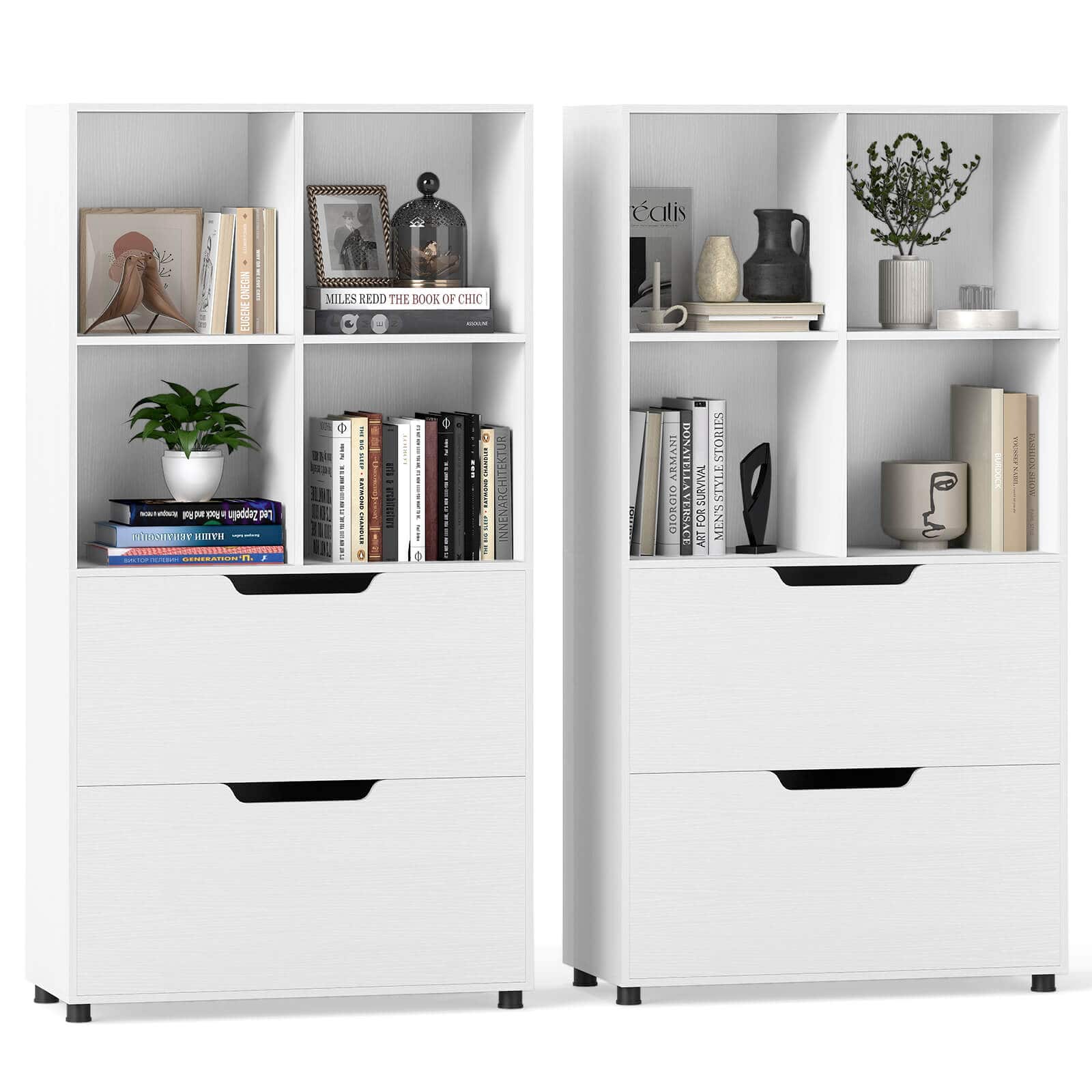 Costway - 2PCS 51" 5-Tier 4-Cube Bookcase with 2 Drawers for Living Room, Study, Home Office - White