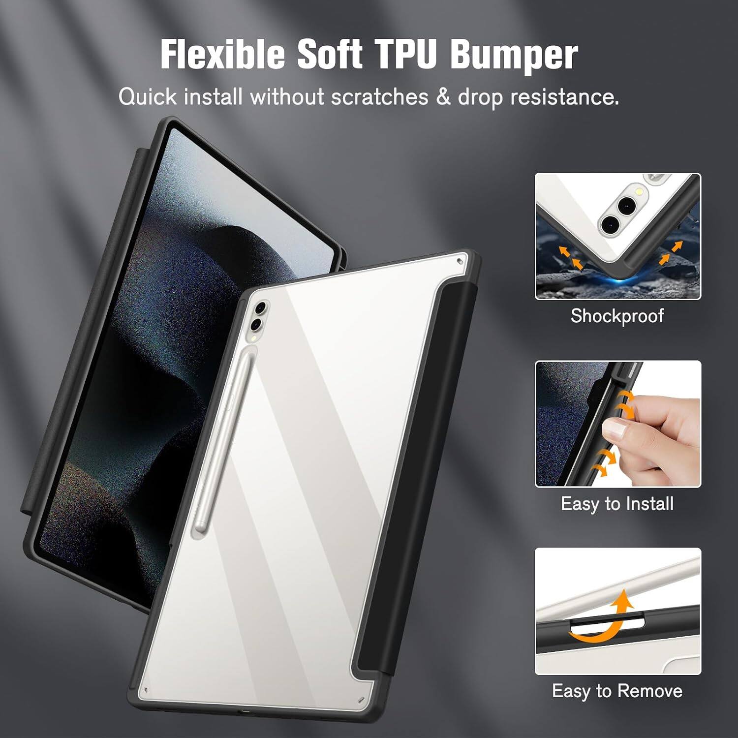 Flexible Soft TPU Bumper  
Quick install without scratches & drop resistance.  
Shockproof  
Easy to Install  
Easy to Remove