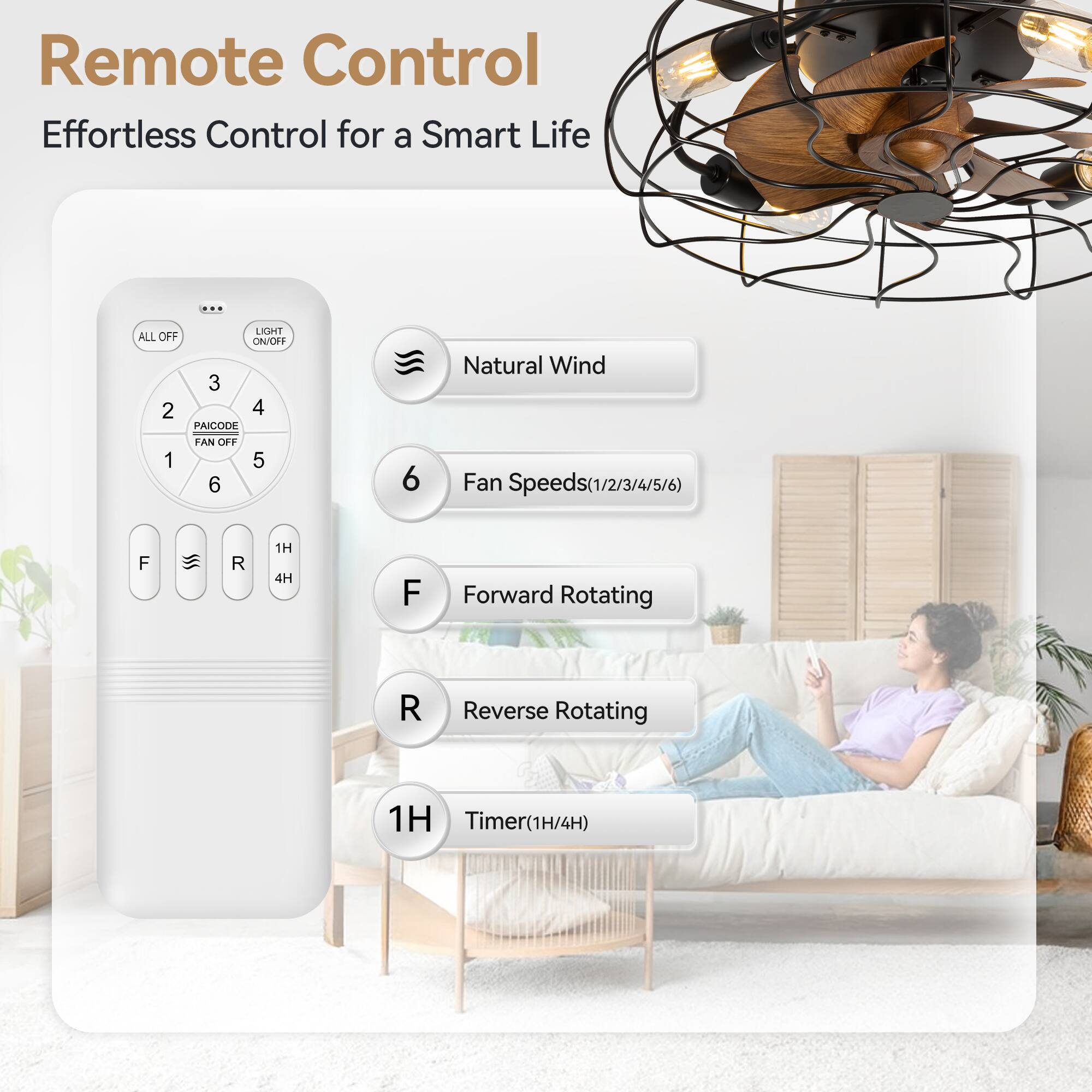 Remote Control Effortless Control for a Smart Life

ALL OFF ON/OFF
3 2 4 PAICODE FAN OFF
1 5 6
6 Natural Wind
Fan Speeds(1/2/3/4/5/6)
F
R
1H 4H
F Forward Rotating
R Reverse Rotating
1H Timer(1H/4H)