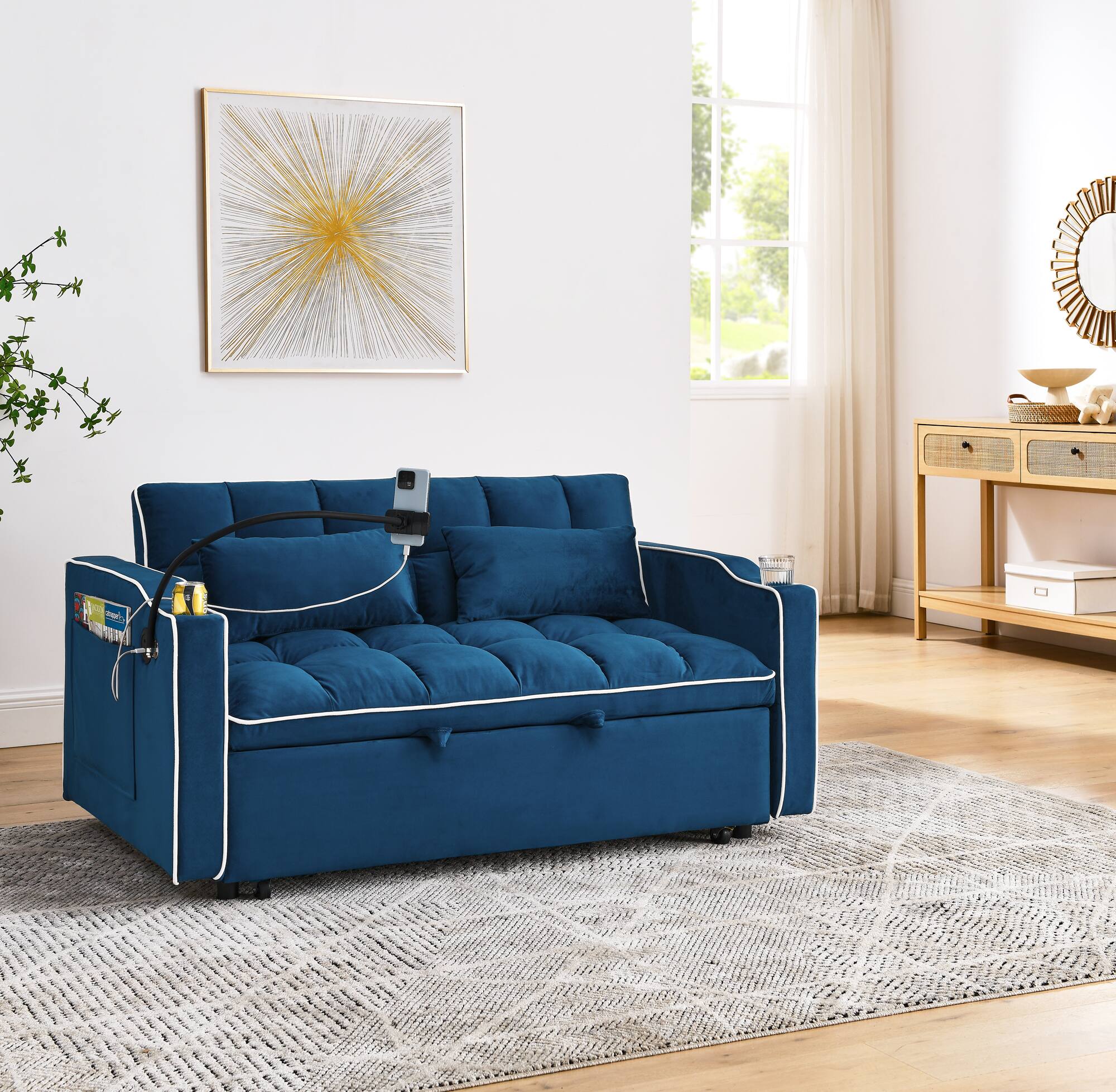 Alt View 2. Tiramisubest - Modern Velvet Versatile Foldable Sofa Bed in 3 Lengths,Adjustable Back w/ USB Port,Ashtray & Swivel Phone Stand (Blue) - Blue.