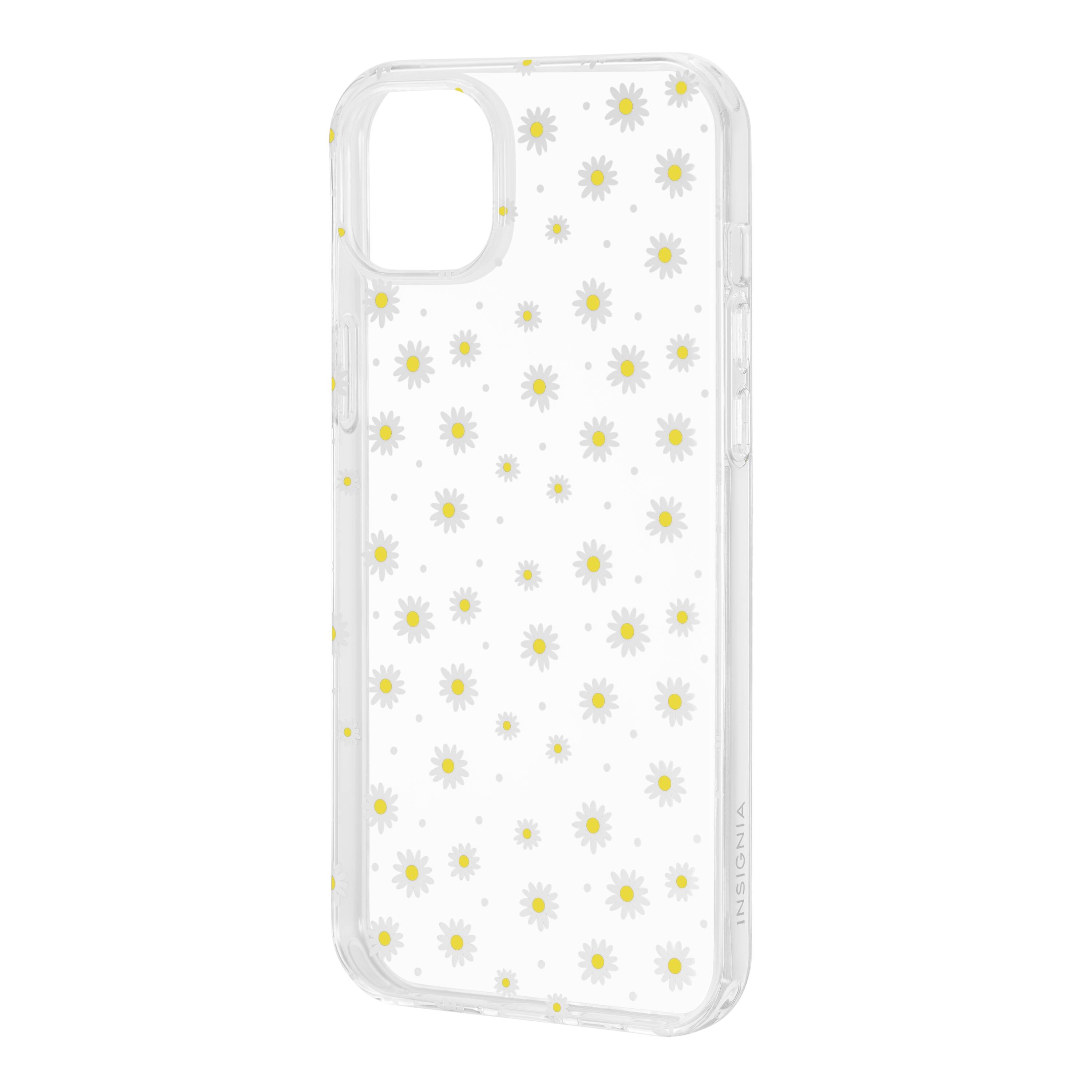 The image features a white case for an iPhone with a yellow flower pattern. The case is made of plastic and has a clear back, allowing the phone to be visible through the case. The yellow flowers are scattered across the case, creating a visually appealing design. The case is designed to protect the phone from scratches and minor impacts while adding a touch of style to the device.