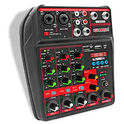 Professional 4-Channel Mixing console and monitor paths effects processor
MIC/LINE +48V PHANTOM(1-2) 1 2
GAIN 20 40 60 HIGH a 20 GAIN 40 60 HIGH a 20 GAIN 40 60 HIGH
LOW -15 -15 -15
DELAY 0 -15 -15 -15
REPEAT 0 -15 -15
EFX PEAK EFX PEAK EFX PEAK
VOL 1 VOL 2 VOL 3-4 MAIN VOL
CLIP SIC
POWER PHONES
USB AUDIO USB BT CH3/4 STEREO(PRE) FM uSe 88:88 MP3 . UB MI USB D MODE/BT H
-15 DELAY 19 +15 -15 -15 LOW LOW LOW 6 -15 REPEAT -15 -15 3-4 MP3 EFX E PEAK EFX PEAK PEAK MAIN VOL 3-4 VOL 2 0 VOL 1 CLIP SIC POWER PHONES