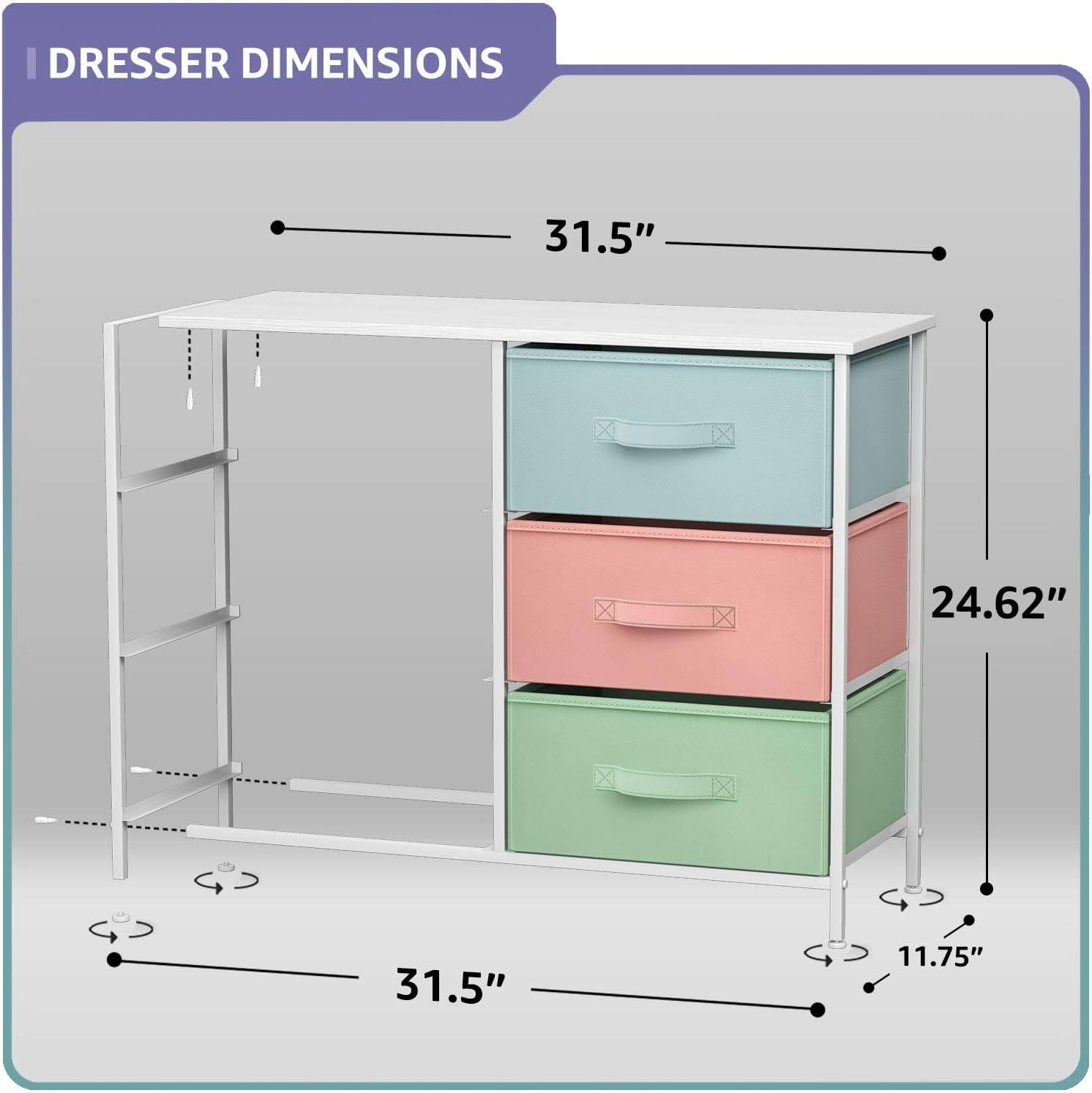 DRESSER DIMENSIONS

- Width: 31.5"
- Depth: 31.5"
- Height: 24.62"
- Shelf Height: 11.75"