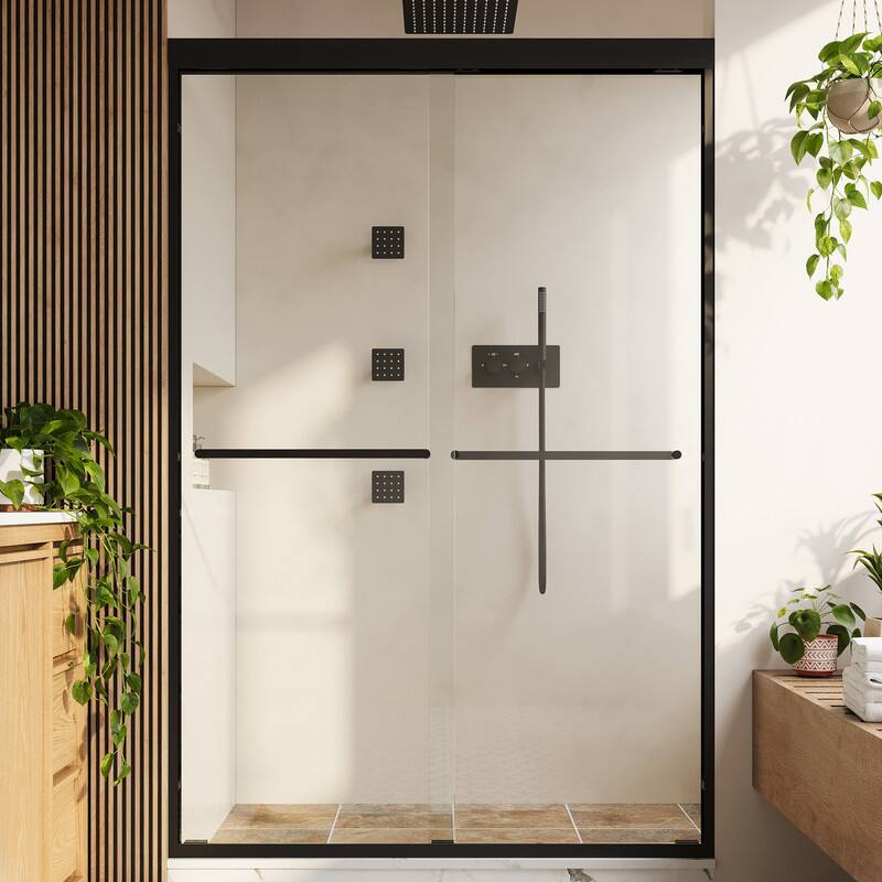 Alt View 8. WELLFOR - 44-48 in W x 72 in H Framed Shower Door with Double Sliding & Stainless Steel Towel Bar Handle, 1/4" Tempered Glass - Matte Black.