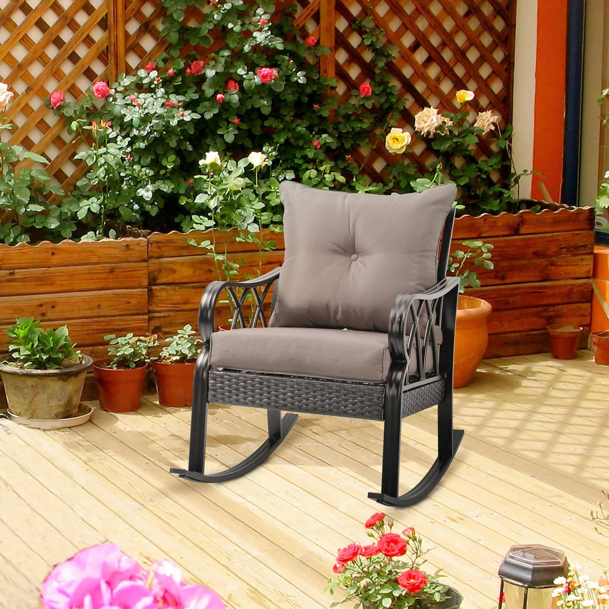 Left. Resenkos - Resenkos Outdoor Wicker Rocking Chair with Padded Cushions, Aluminum Rattan Porch Rocker with Armrest, Gray - Gray.