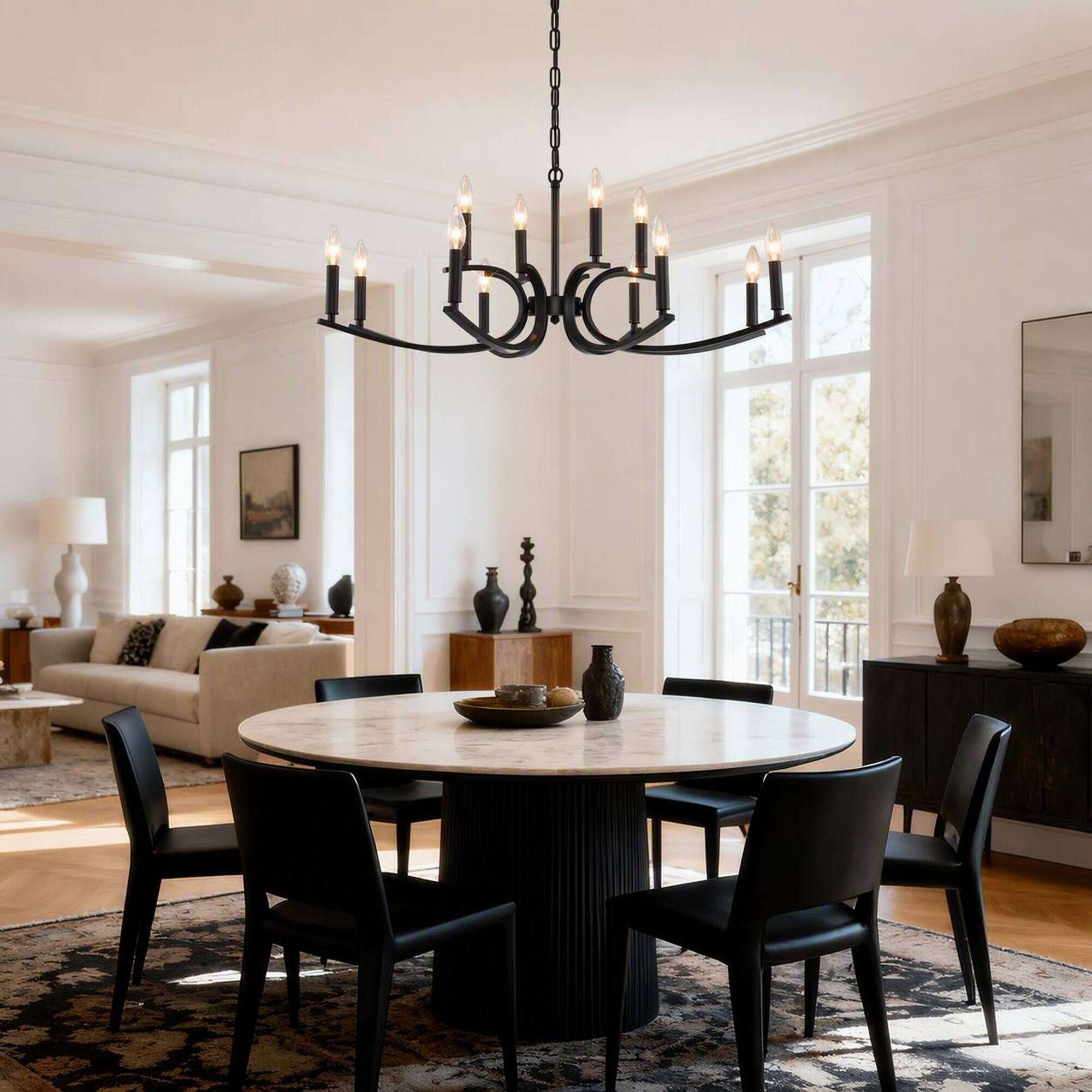 Alt View 2. RYHNUYNE - 12-Light Farmhouse Chandelier in Matte Black, Industrial Metal Pendant for High Ceilings in Living Rooms, Dining Rooms.